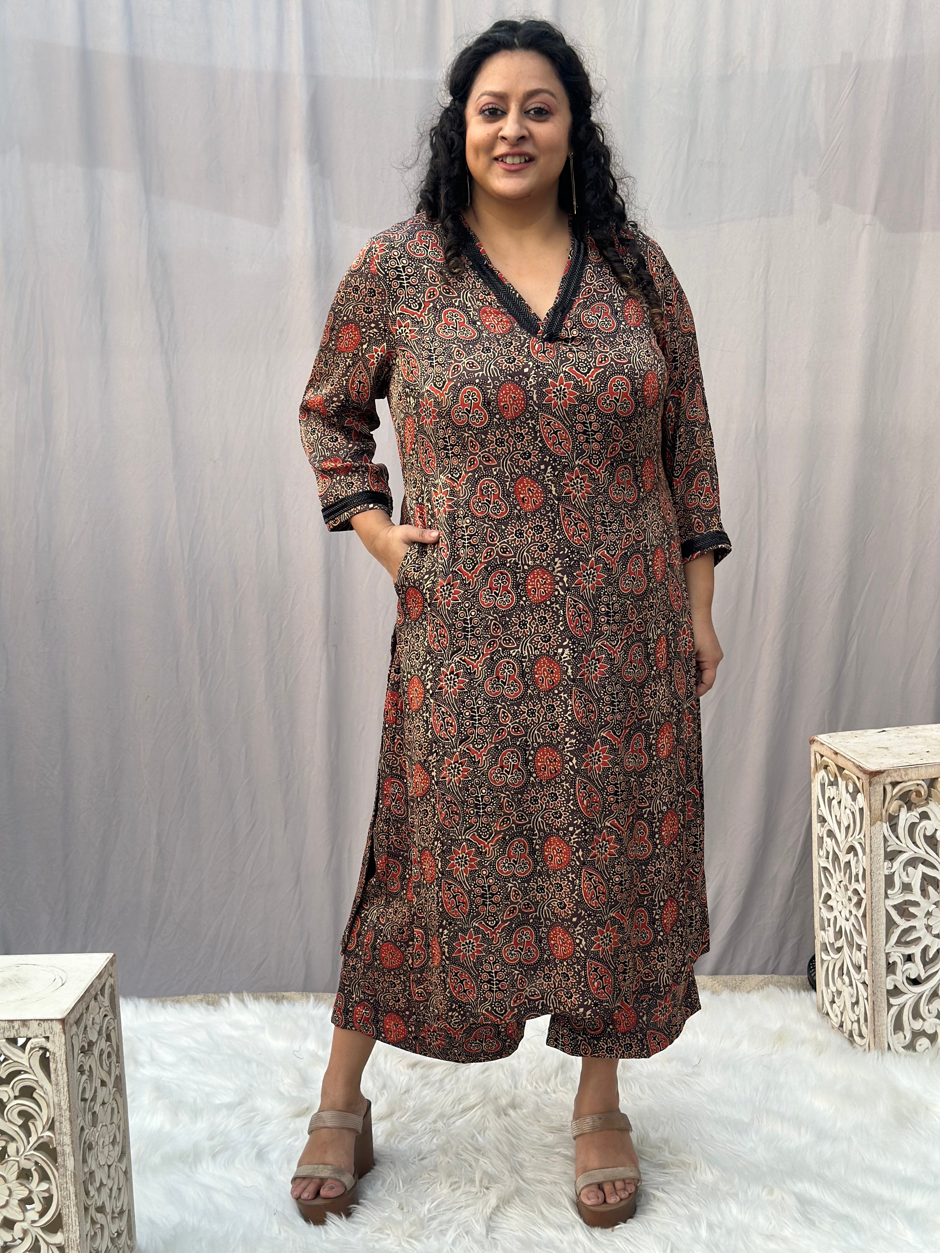 Brown Ajrahk Floral Modal Silk Handblock Print Kurta Pant set