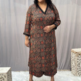 Brown Ajrahk Floral Modal Silk Handblock Print Kurta Pant set