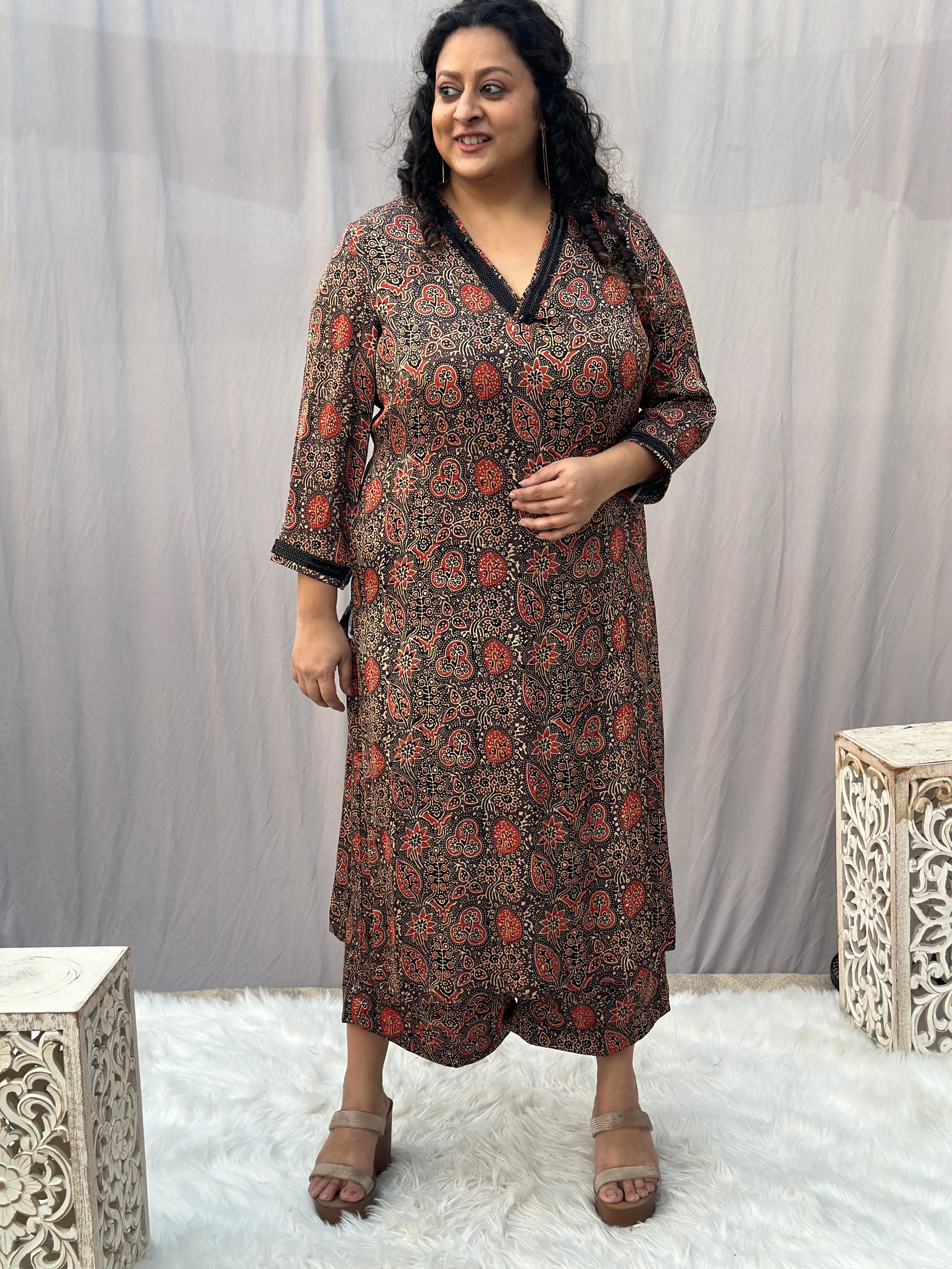 Brown Ajrahk Floral Modal Silk Handblock Print Kurta Pant set
