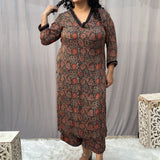 Brown Ajrahk Floral Modal Silk Handblock Print Kurta Pant set