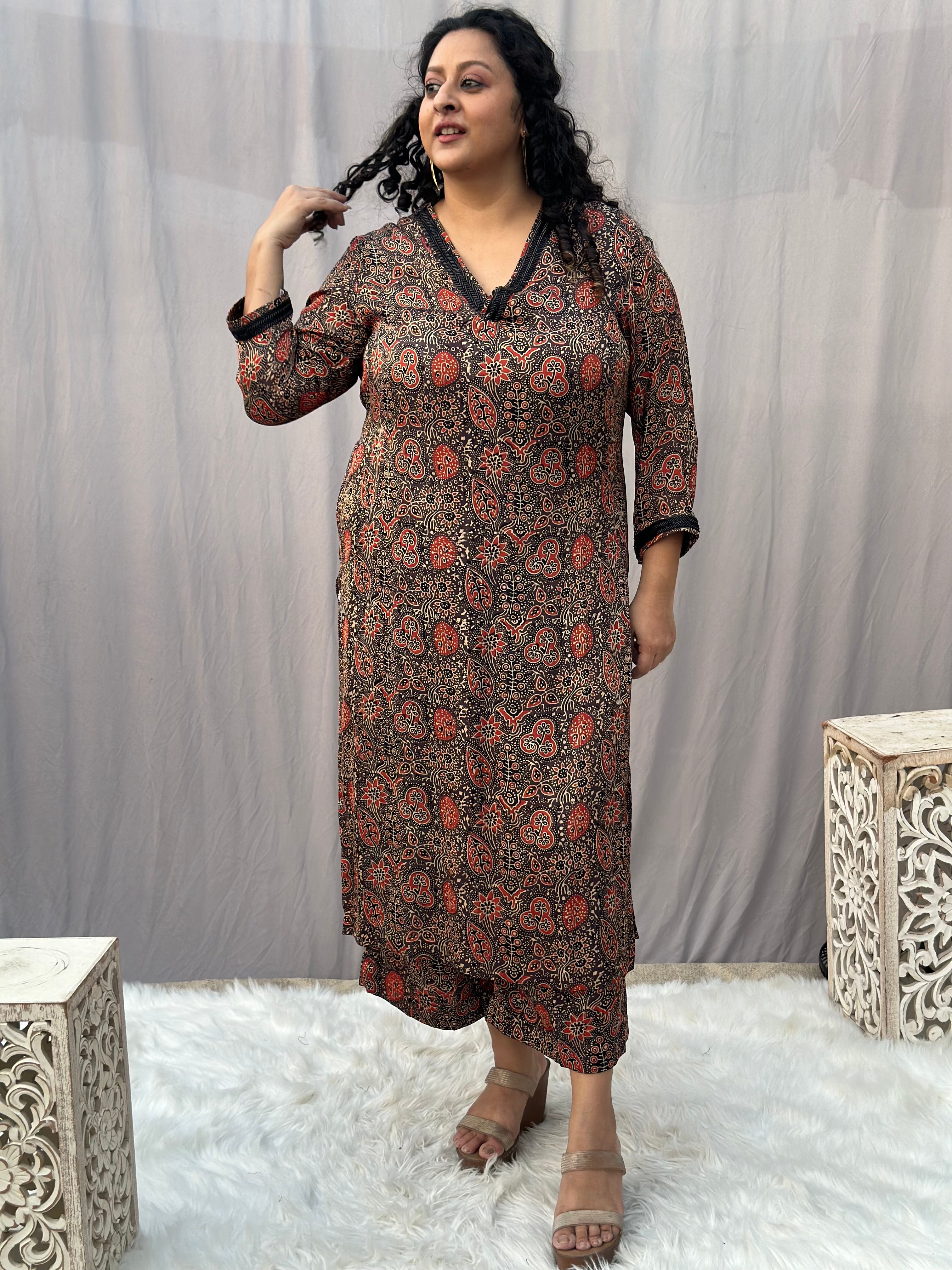 Brown Ajrahk Floral Modal Silk Handblock Print Kurta Pant set