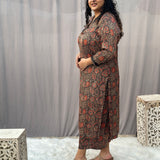 Brown Ajrahk Floral Modal Silk Handblock Print Kurta Pant set