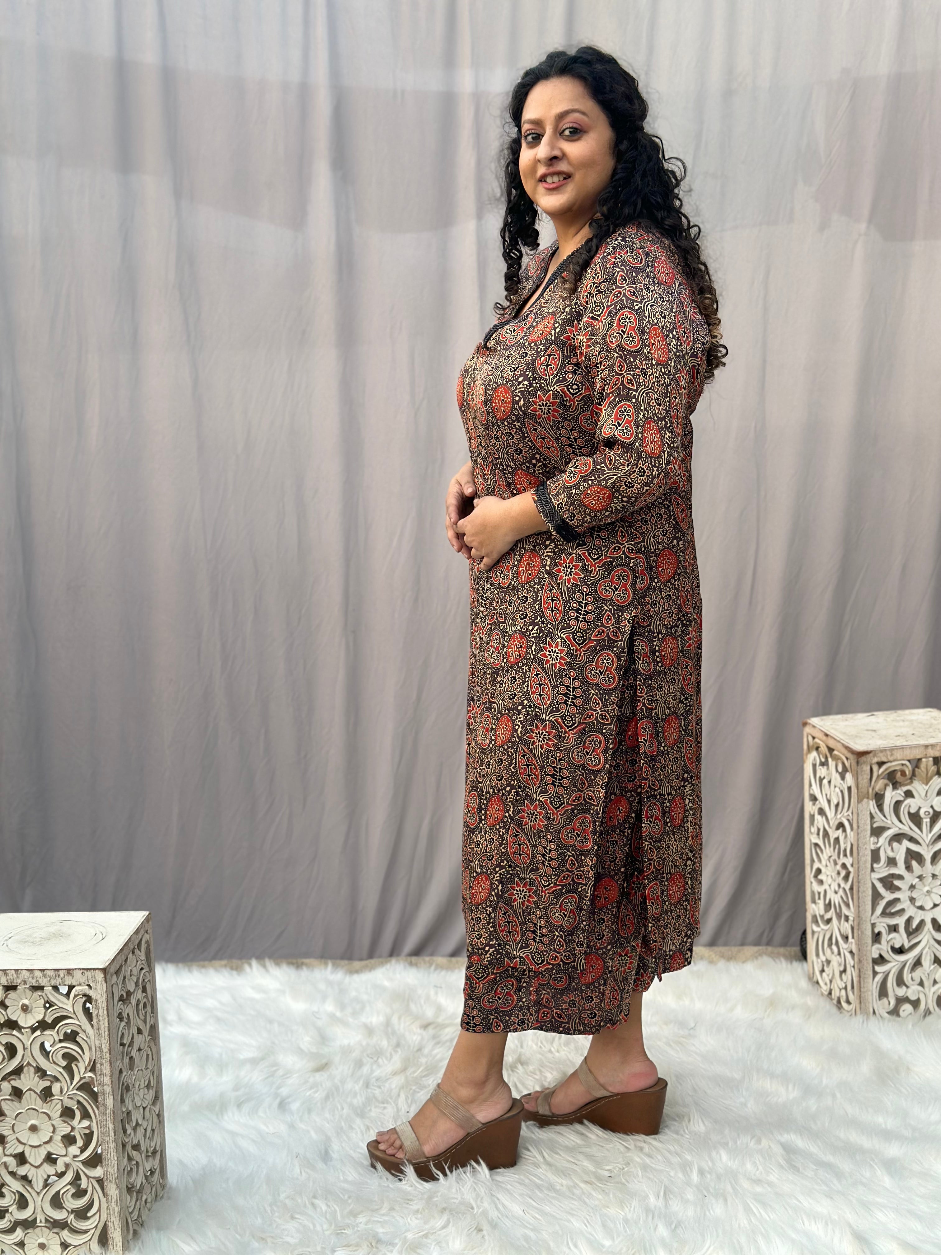 Brown Ajrahk Floral Modal Silk Handblock Print Kurta Pant set