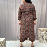 Brown Ajrahk Floral Modal Silk Handblock Print Kurta Pant set
