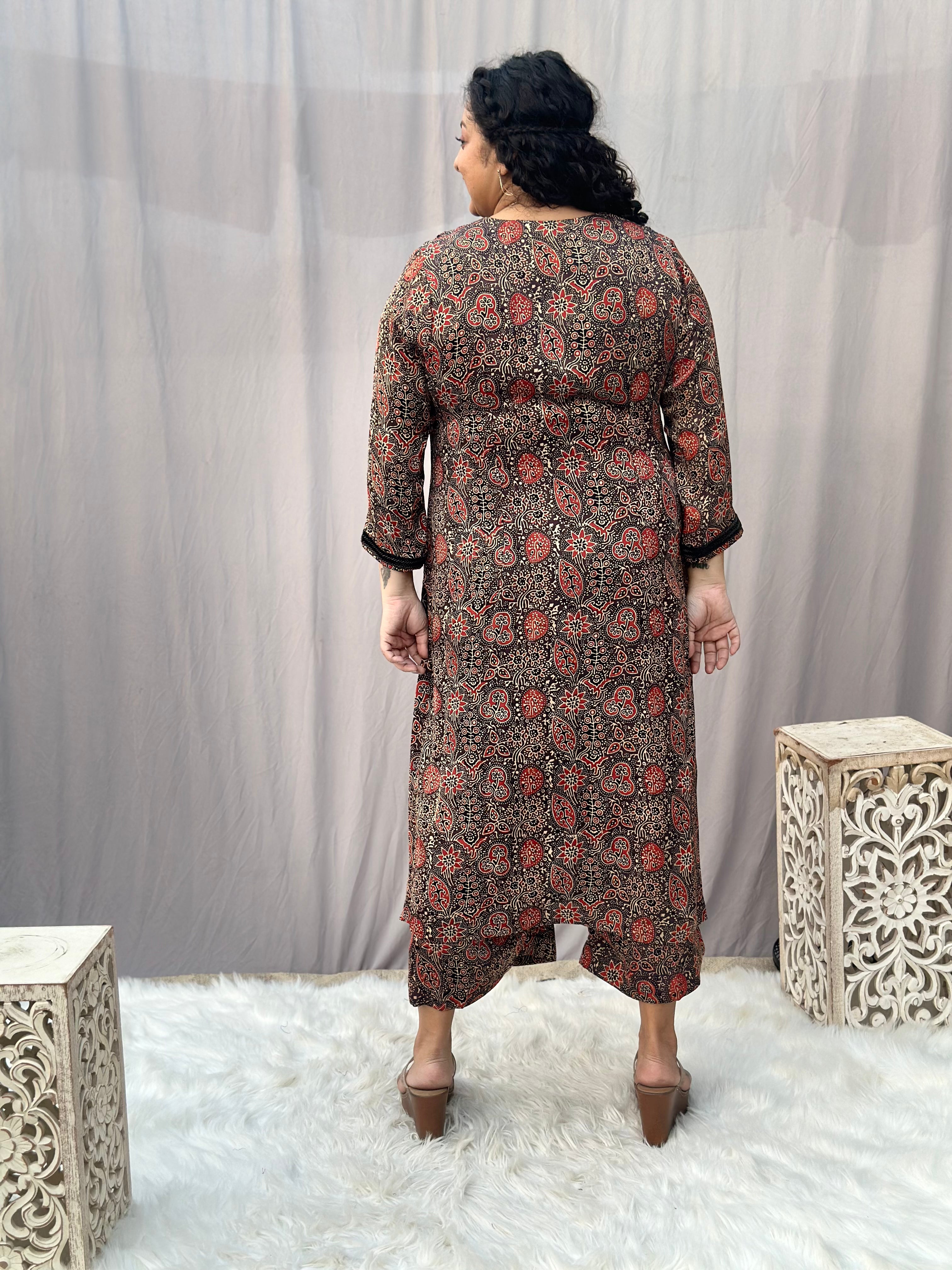 Brown Ajrahk Floral Modal Silk Handblock Print Kurta Pant set