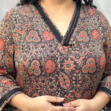 Brown Ajrahk Floral Modal Silk Handblock Print Kurta Pant set