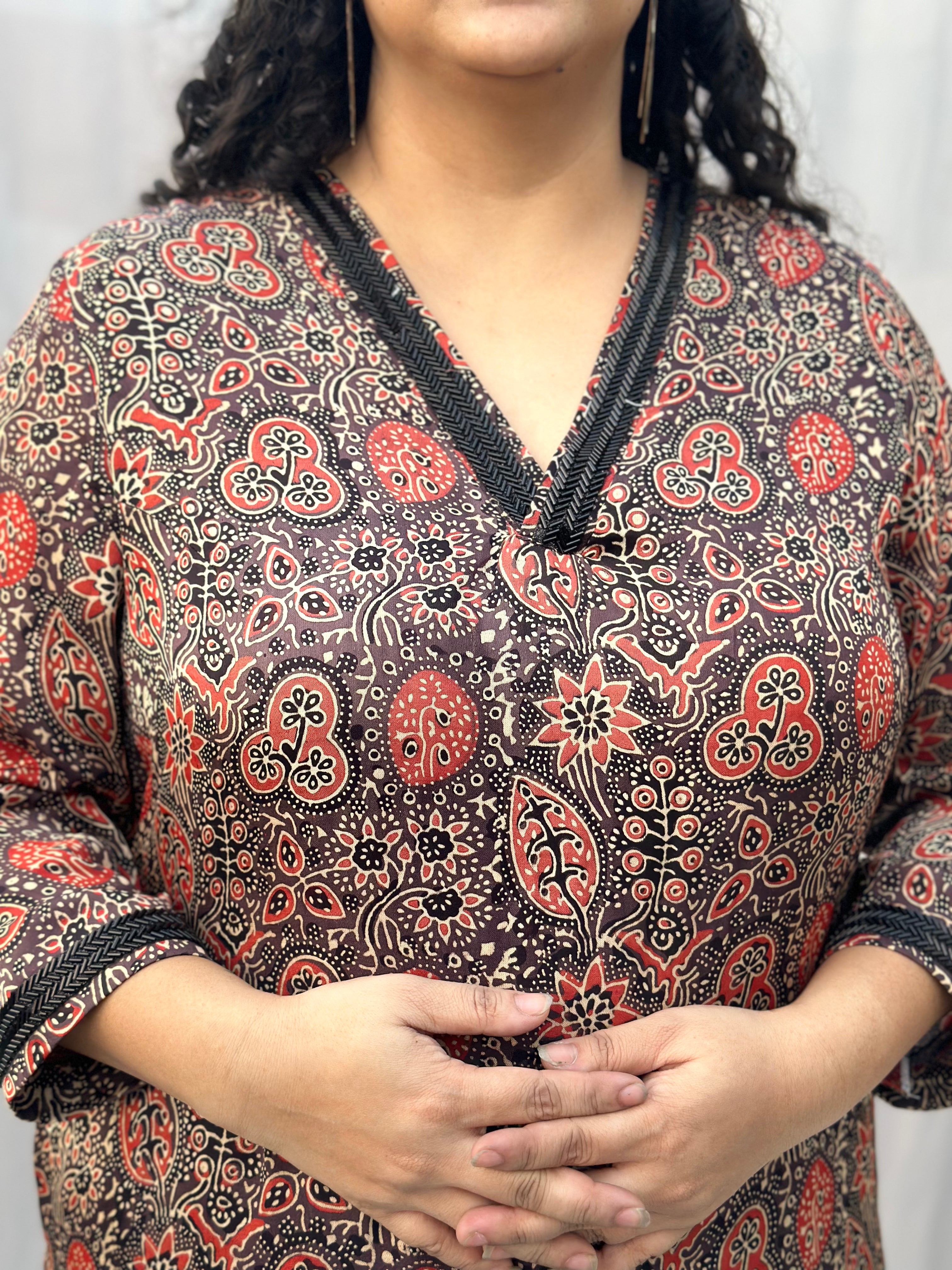 Brown Ajrahk Floral Modal Silk Handblock Print Kurta Pant set