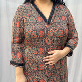 Brown Ajrahk Floral Modal Silk Handblock Print Kurta Pant set