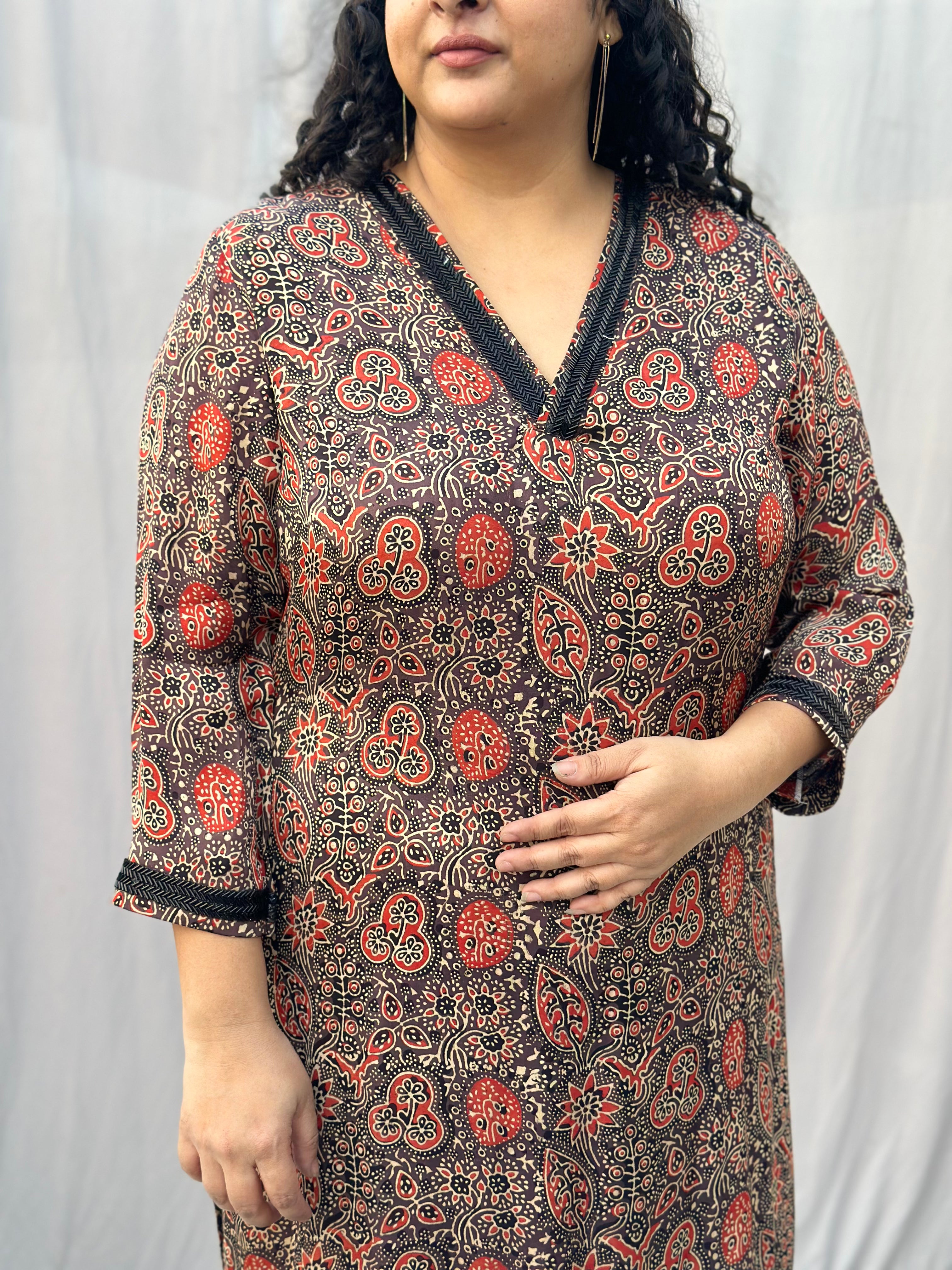 Brown Ajrahk Floral Modal Silk Handblock Print Kurta Pant set