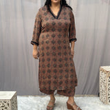 Brown Ajrakh Booti Modal Silk Handblock Print Kurta Pant set