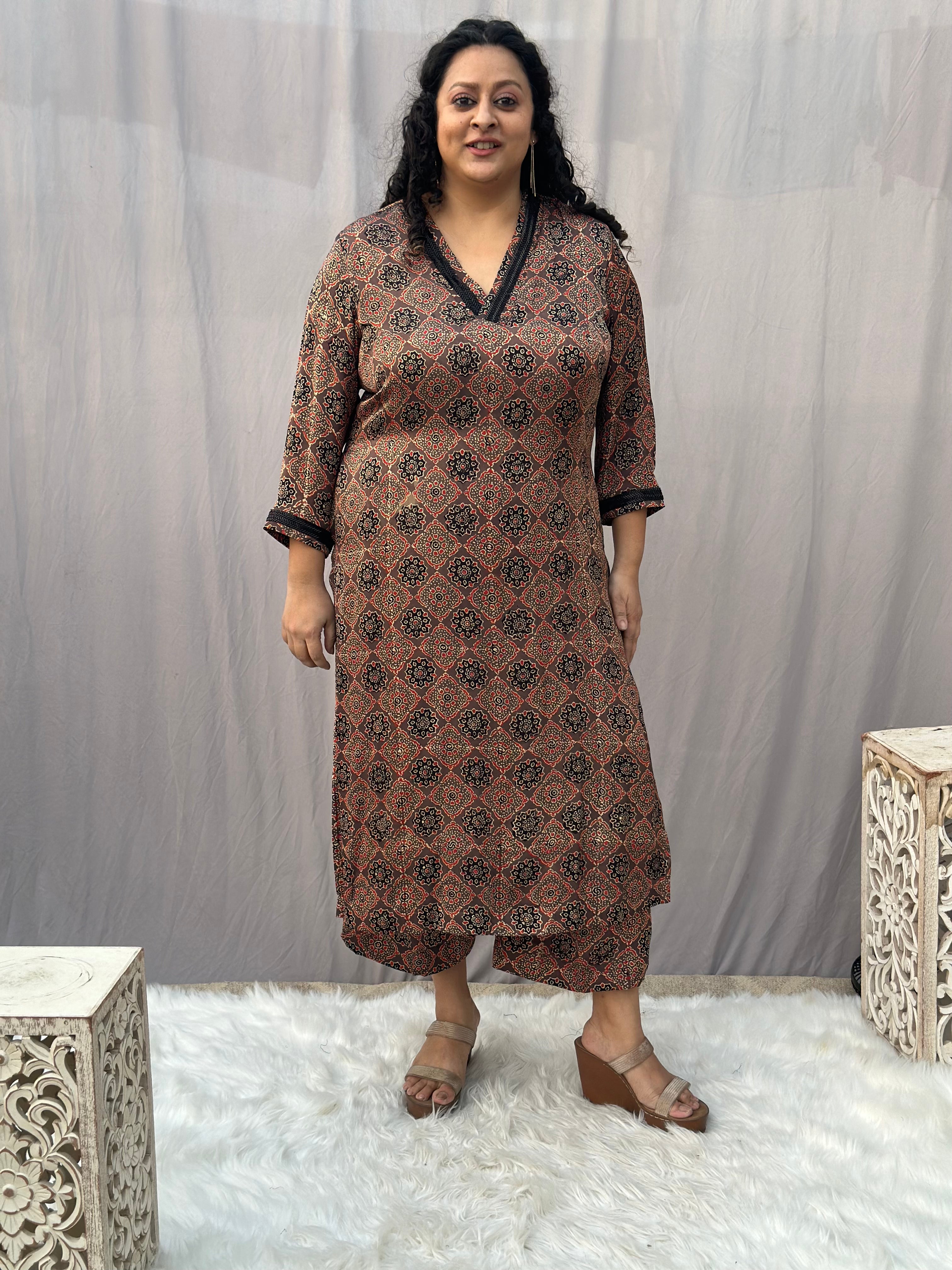 Brown Ajrakh Booti Modal Silk Handblock Print Kurta Pant set