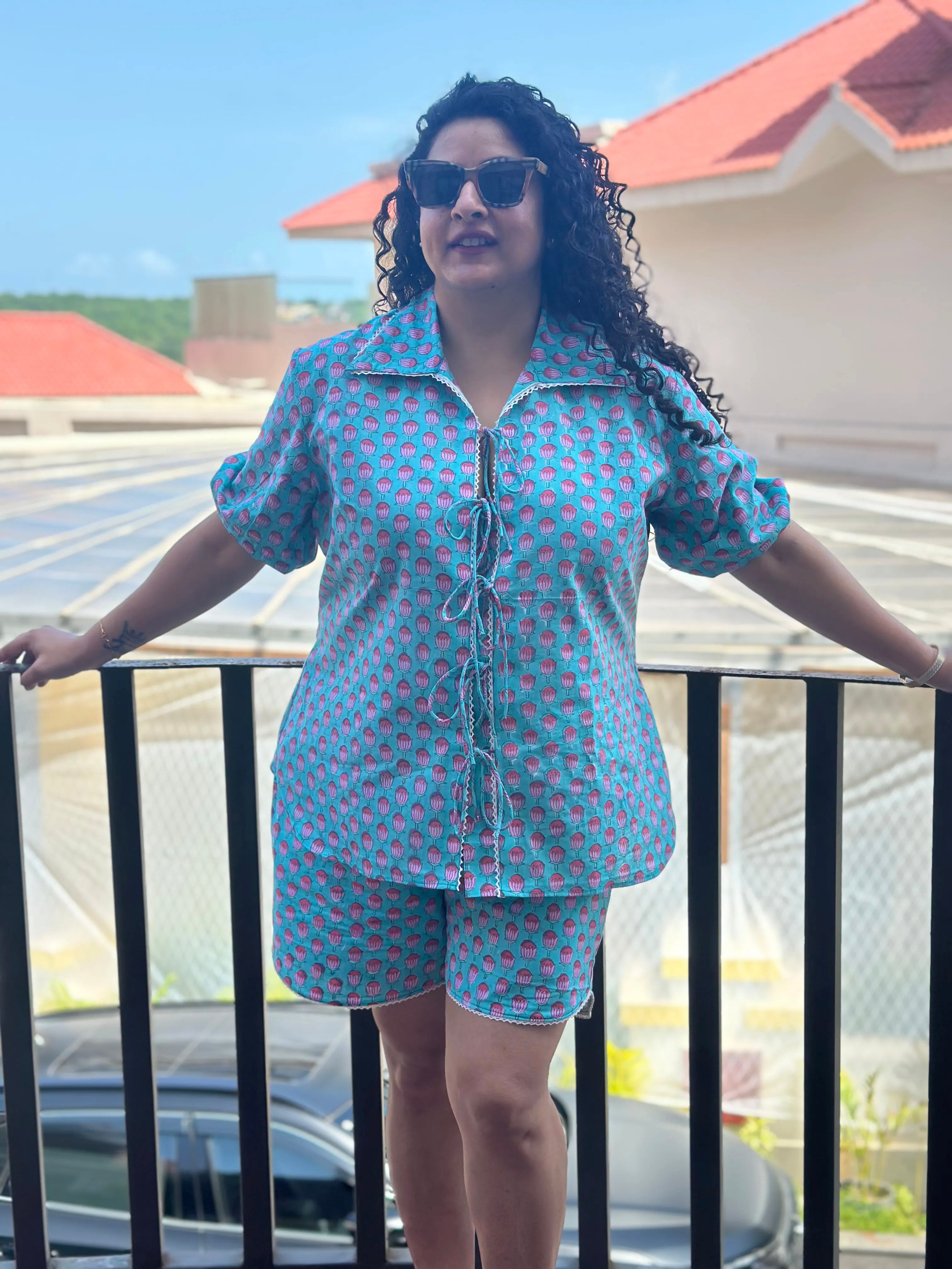 Tulip Breeze- Blue Sanganeri Handblock Print Cotton Co-ord set