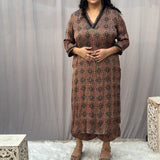Brown Ajrakh Booti Modal Silk Handblock Print Kurta Pant set