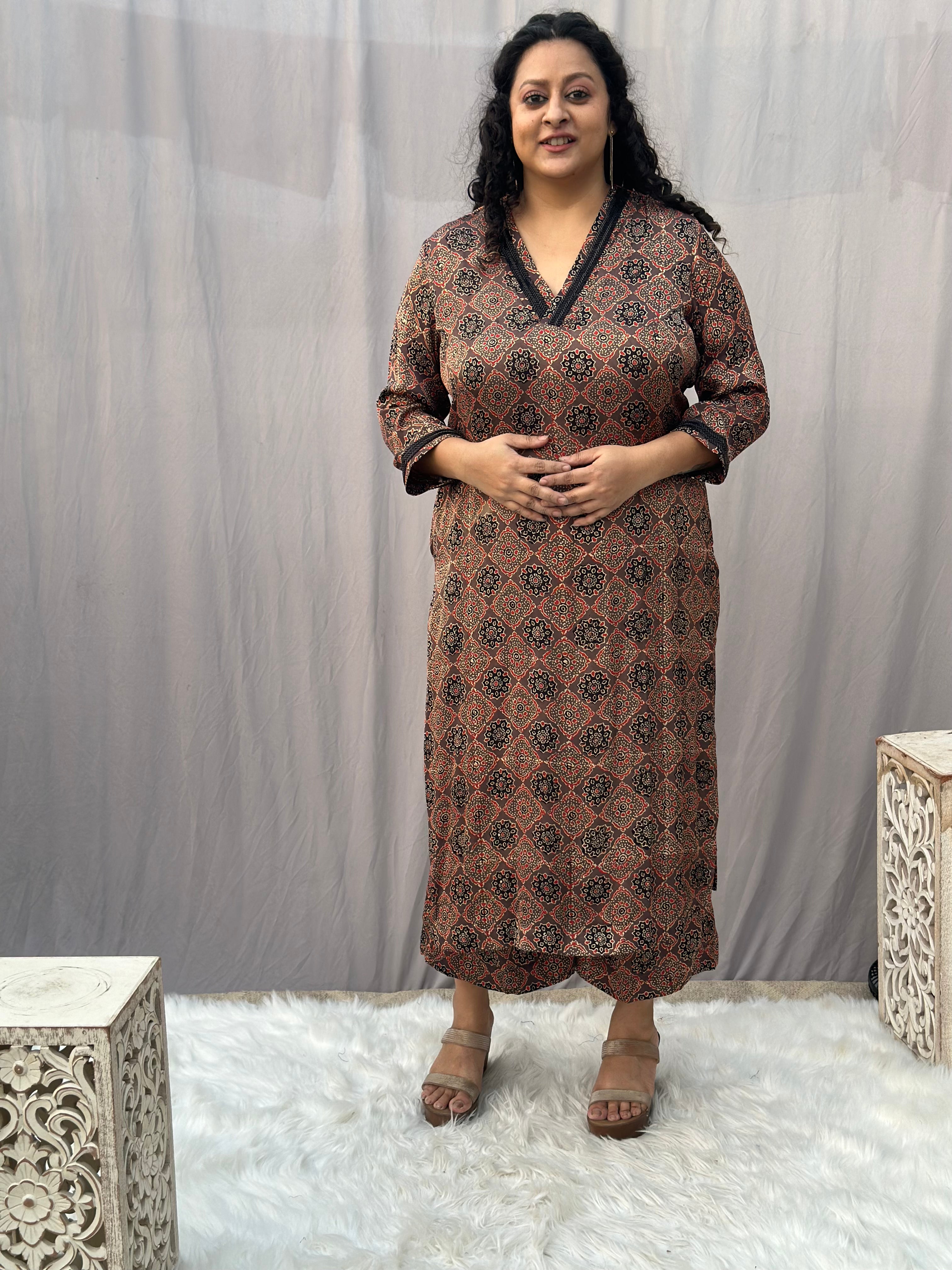 Brown Ajrakh Booti Modal Silk Handblock Print Kurta Pant set