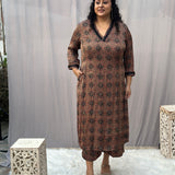 Brown Ajrakh Booti Modal Silk Handblock Print Kurta Pant set
