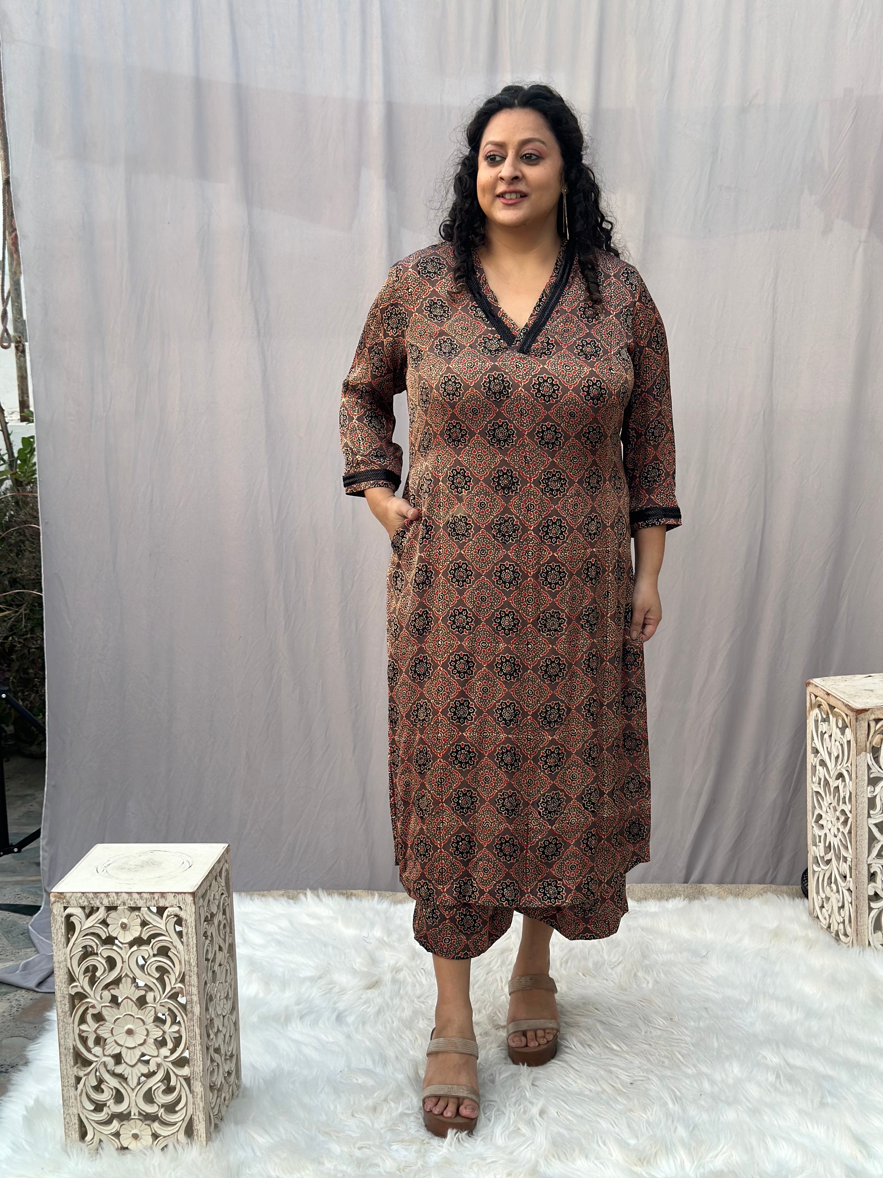 Brown Ajrakh Booti Modal Silk Handblock Print Kurta Pant set