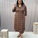 Brown Ajrakh Booti Modal Silk Handblock Print Kurta Pant set