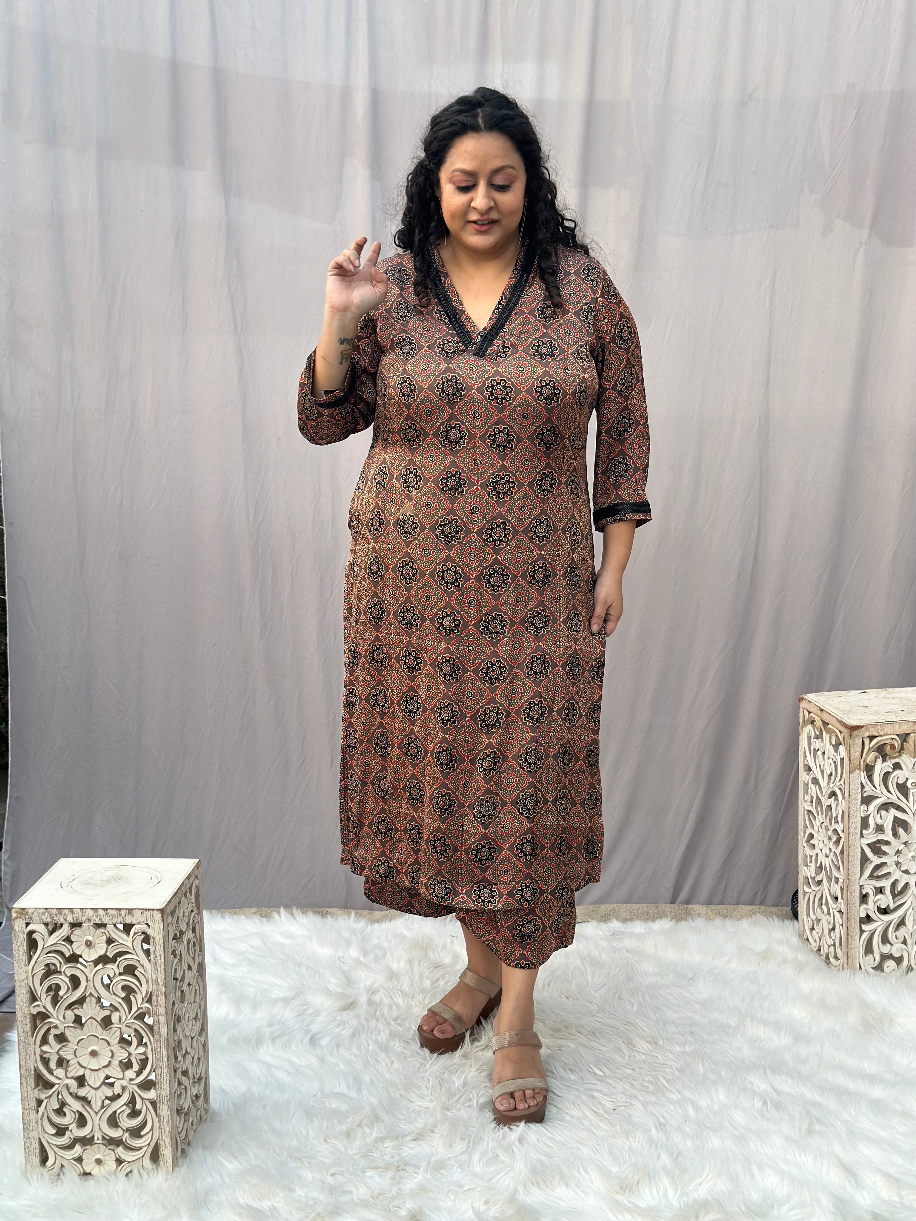 Brown Ajrakh Booti Modal Silk Handblock Print Kurta Pant set