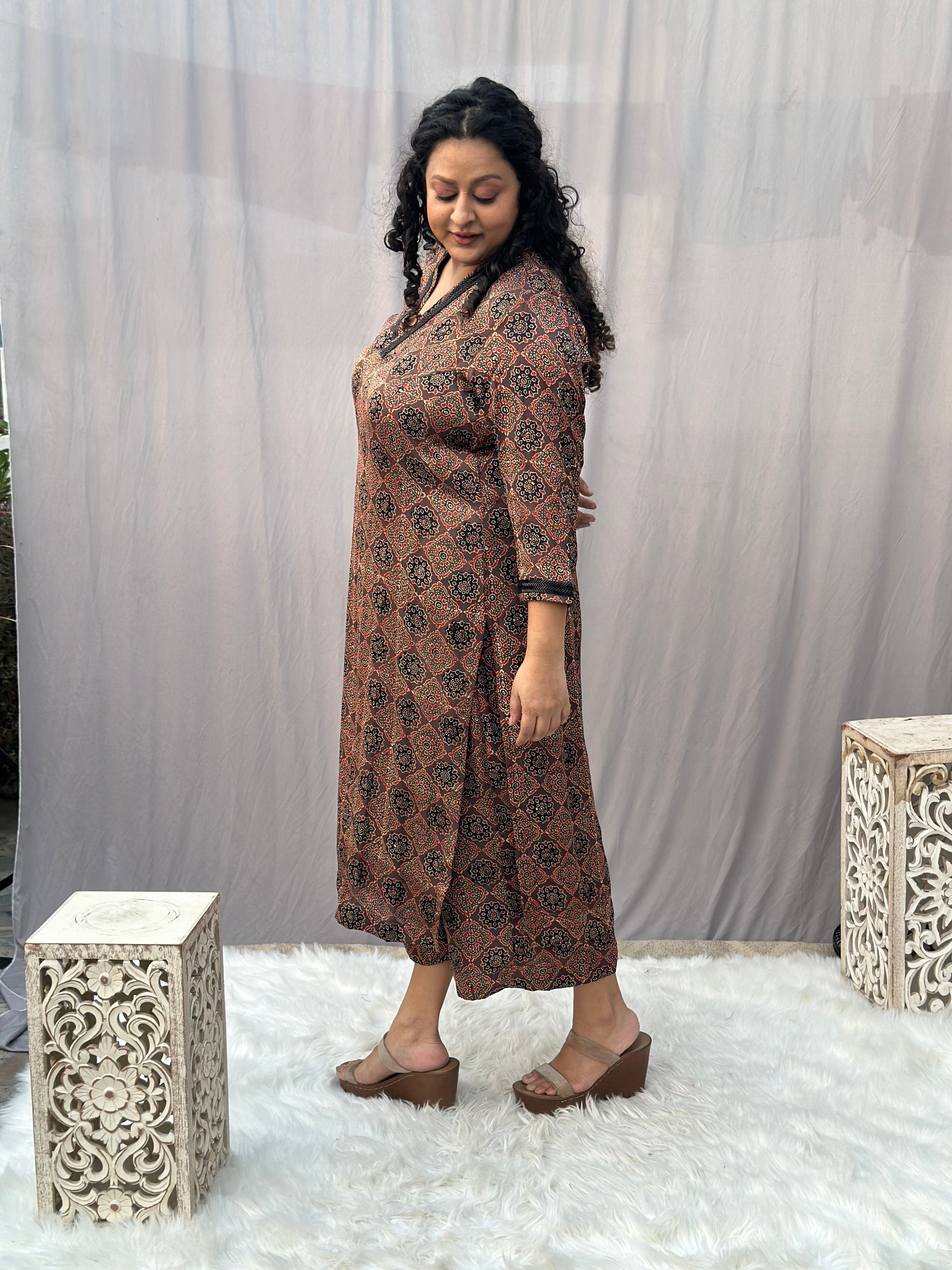 Brown Ajrakh Booti Modal Silk Handblock Print Kurta Pant set