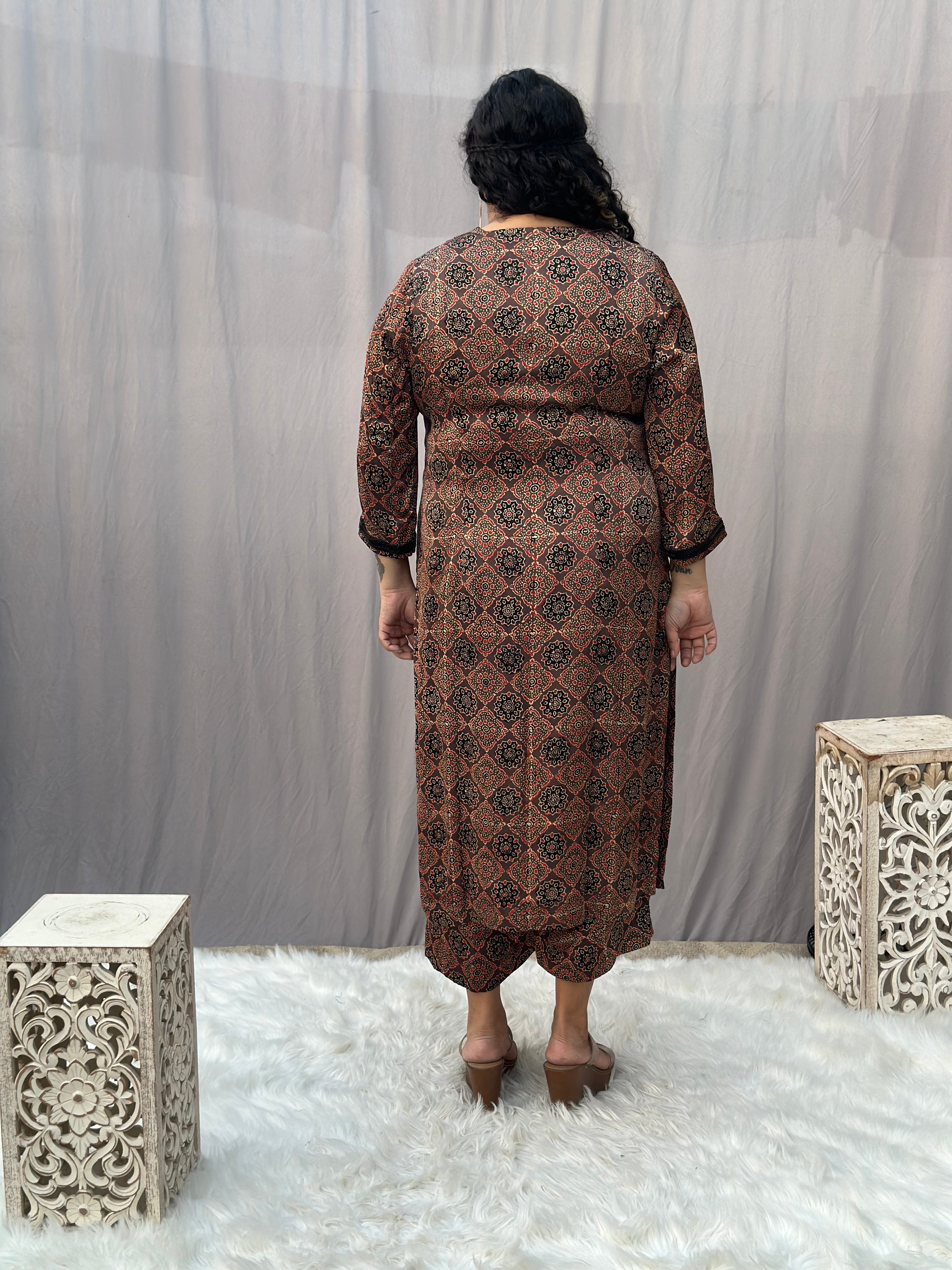 Brown Ajrakh Booti Modal Silk Handblock Print Kurta Pant set
