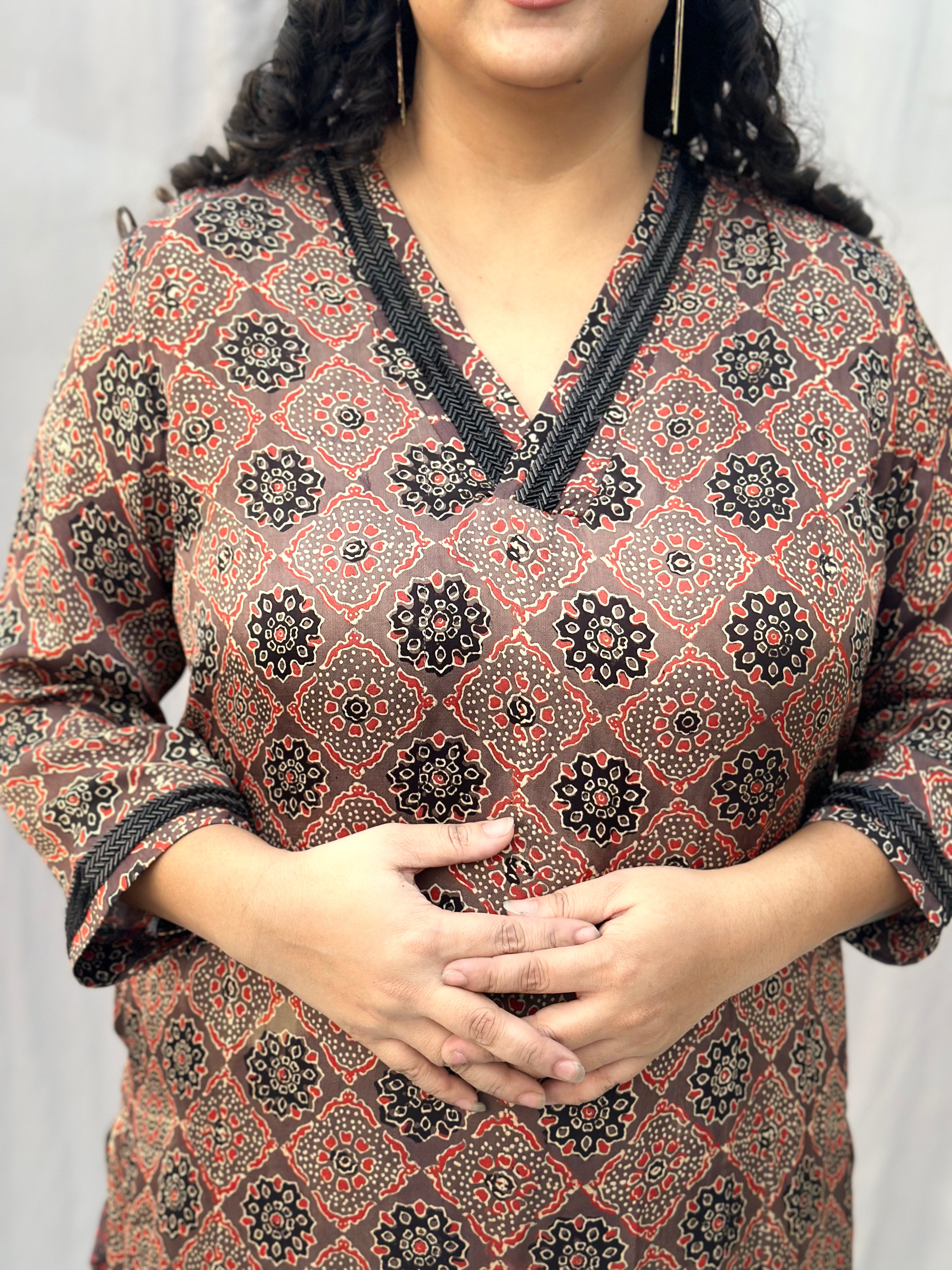 Brown Ajrakh Booti Modal Silk Handblock Print Kurta Pant set