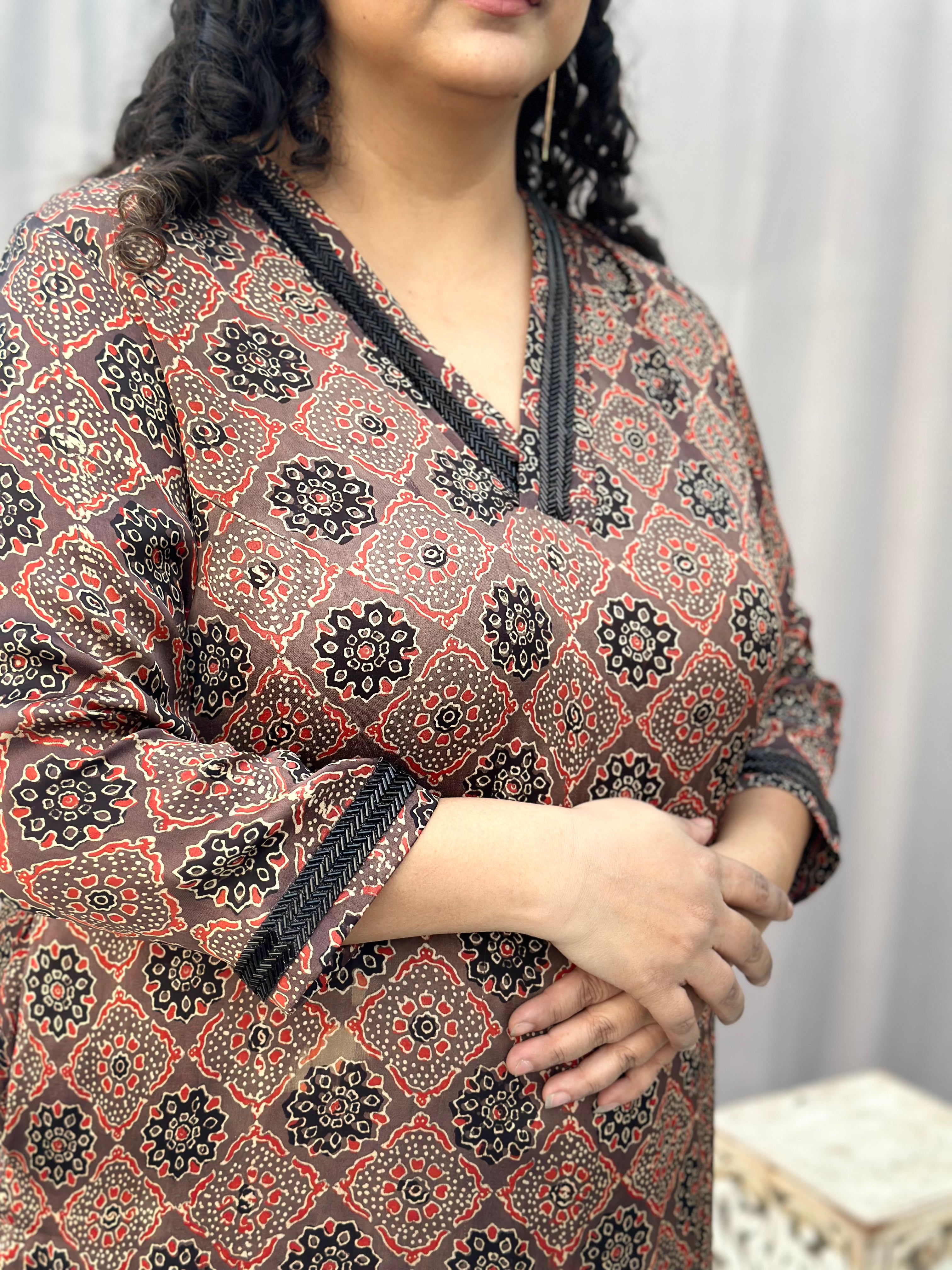 Brown Ajrakh Booti Modal Silk Handblock Print Kurta Pant set