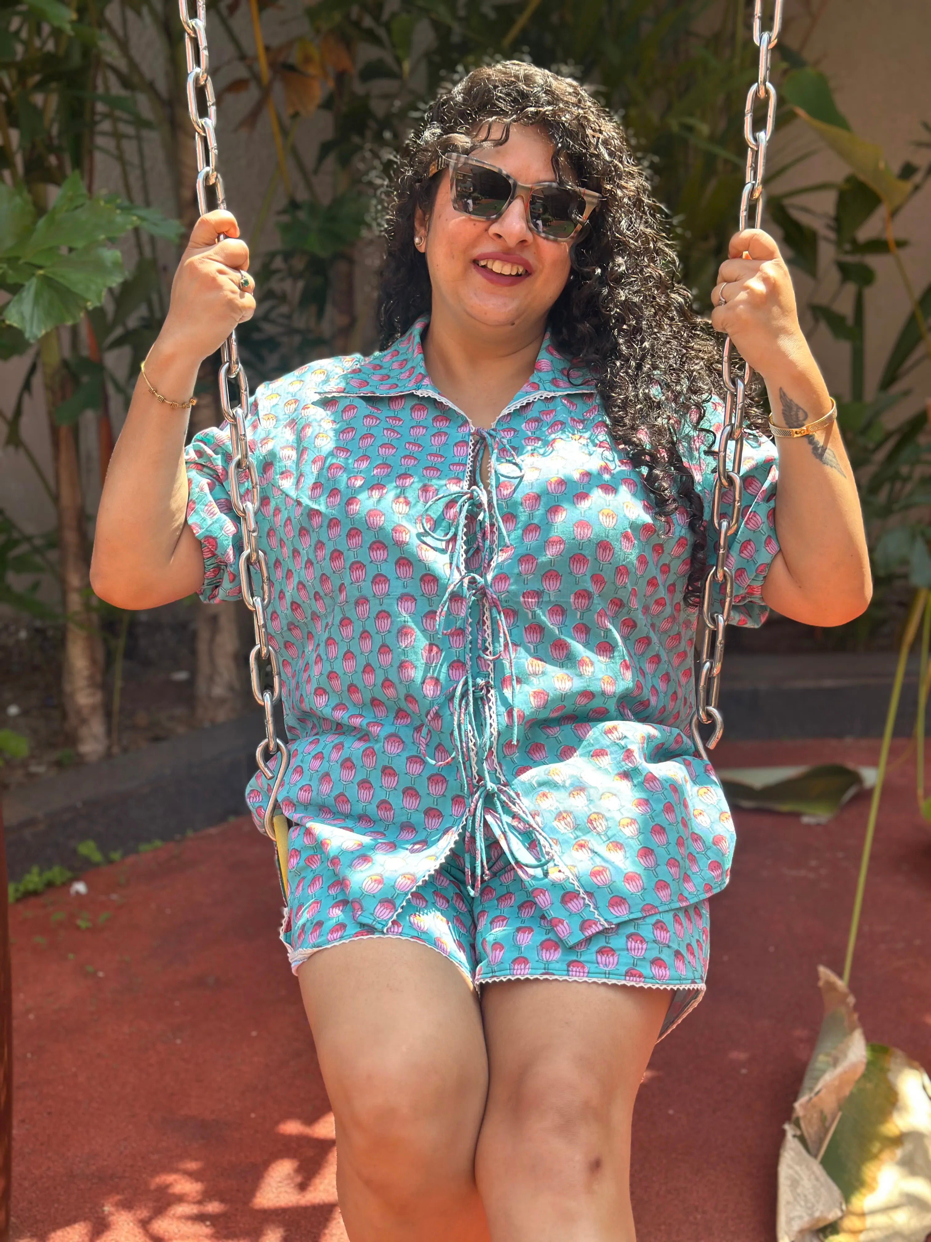 Tulip Breeze- Blue Sanganeri Handblock Print Cotton Co-ord set