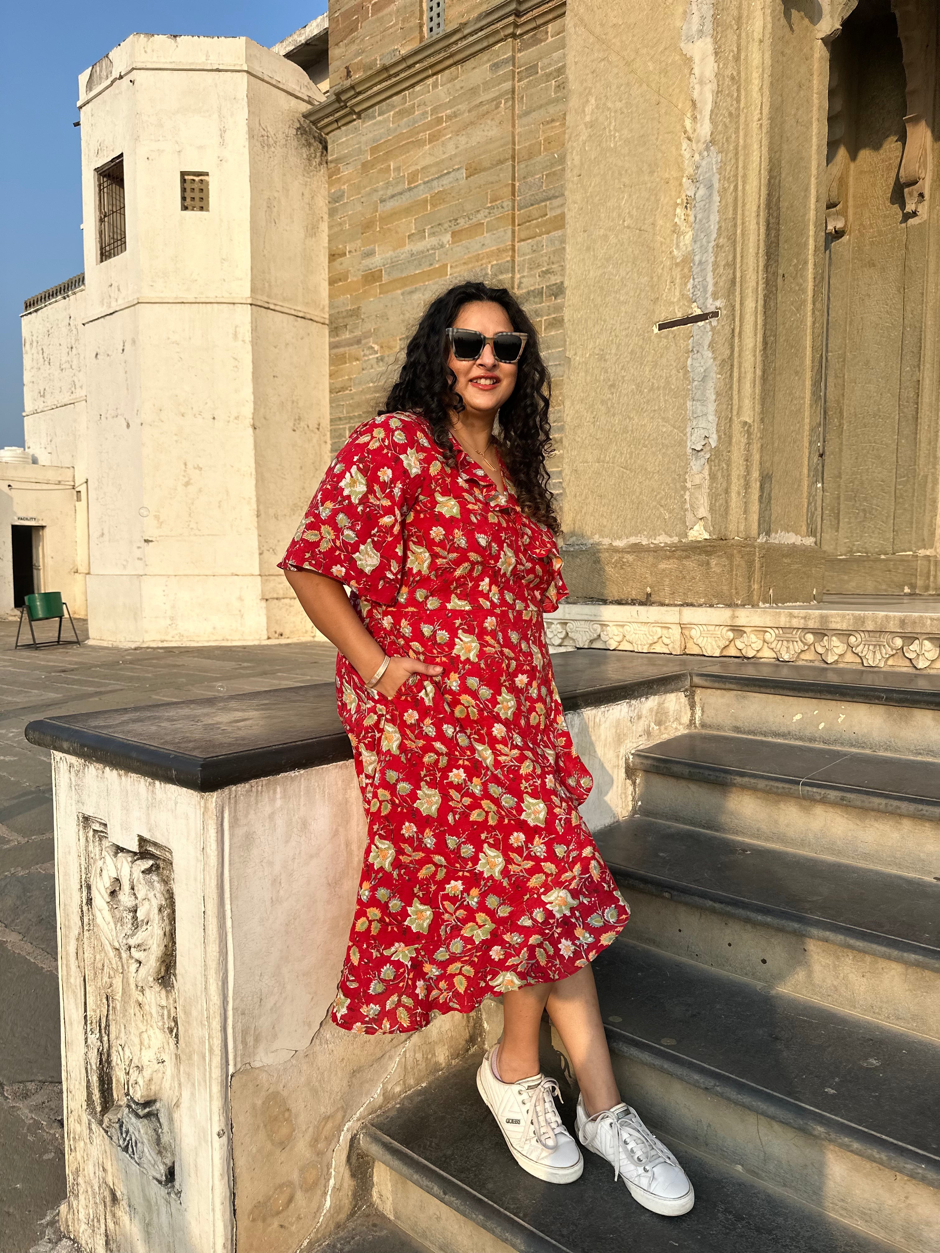 Red Sanganeri Handblock Print Wrap Style Dress