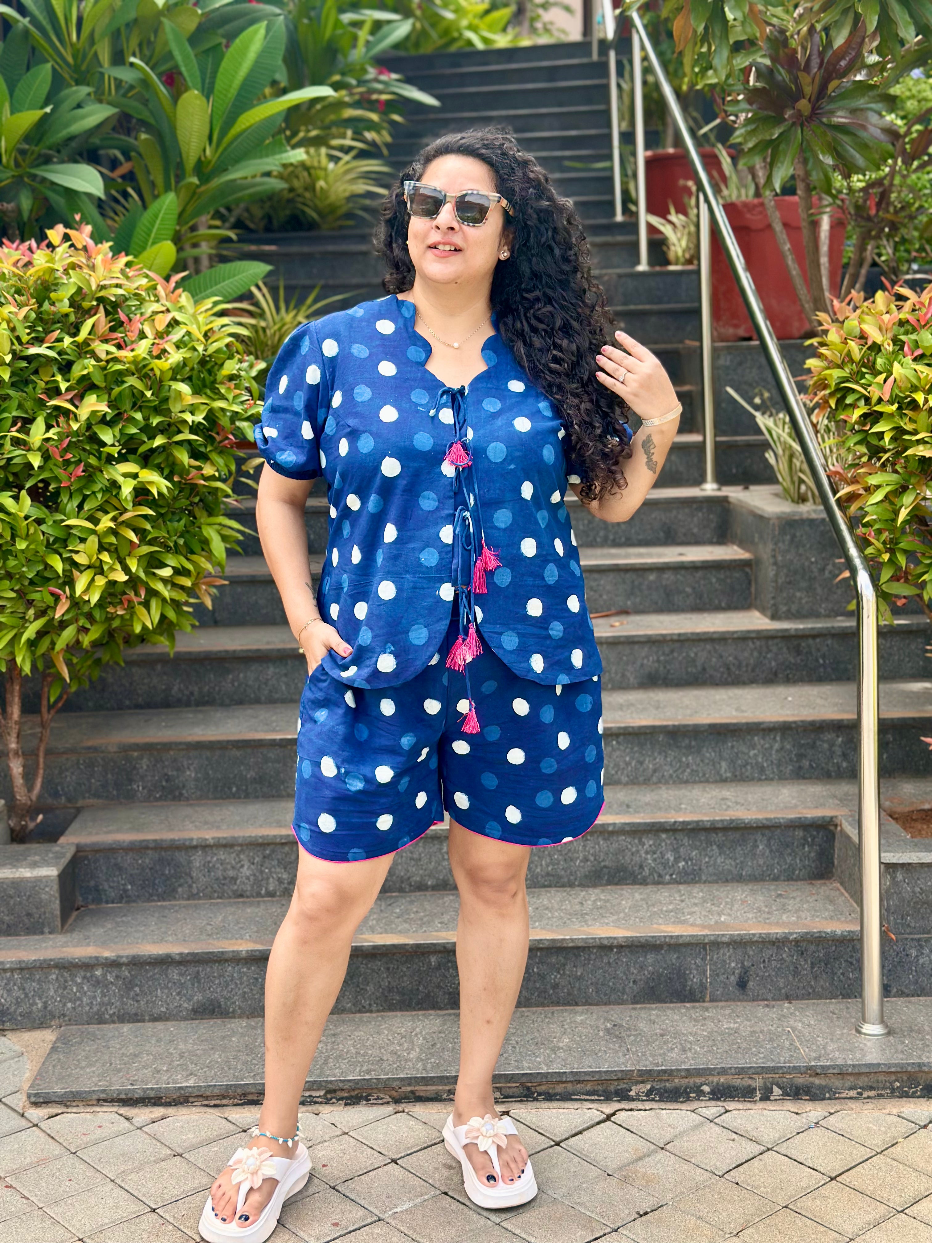 Dotty Bliss : Indigo Dabu Polka Dots Cotton Handblock Print Co-Ord Shorts Set