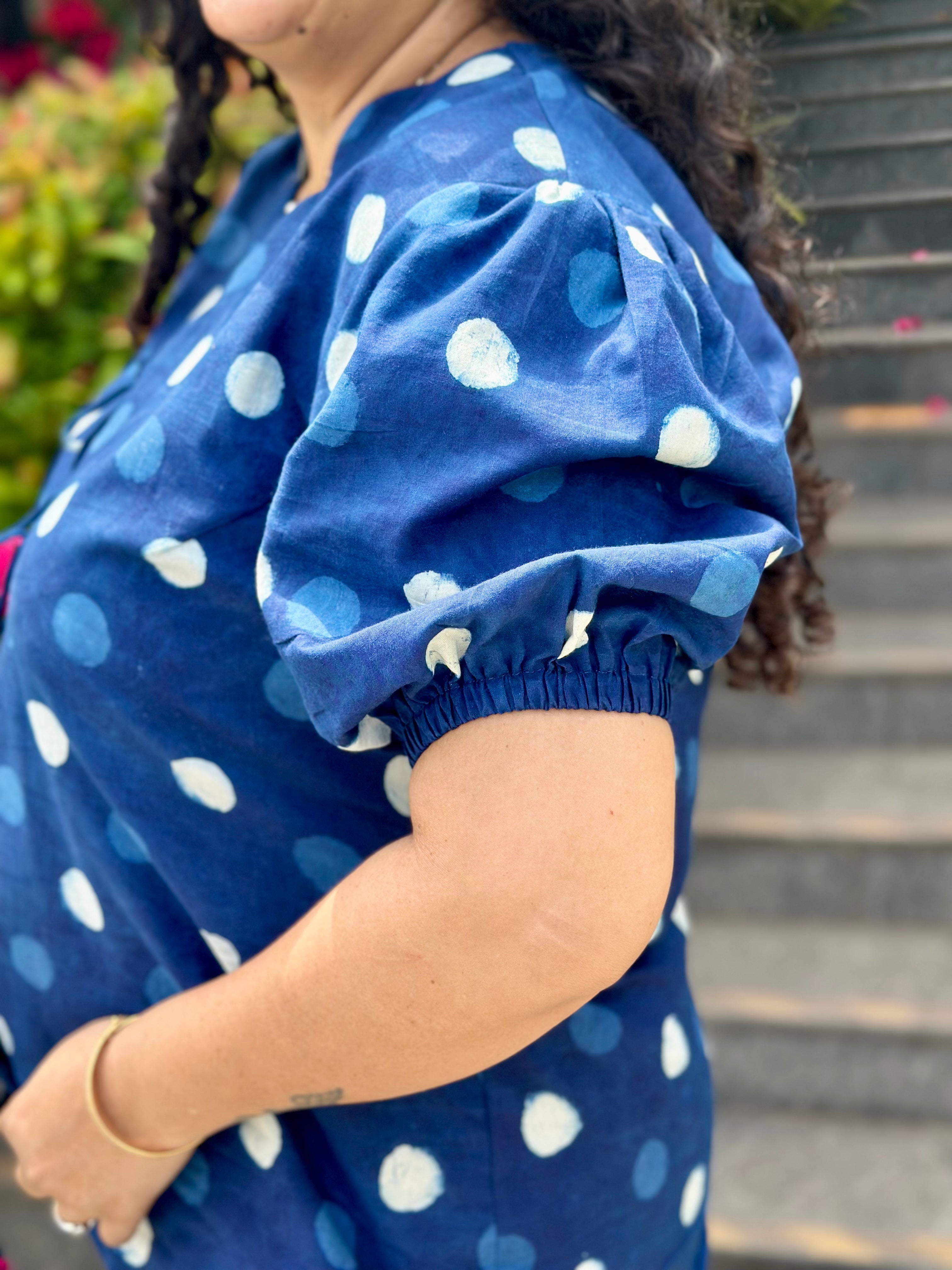 Dotty Bliss : Indigo Dabu Polka Dots Cotton Handblock Print Co-Ord Shorts Set