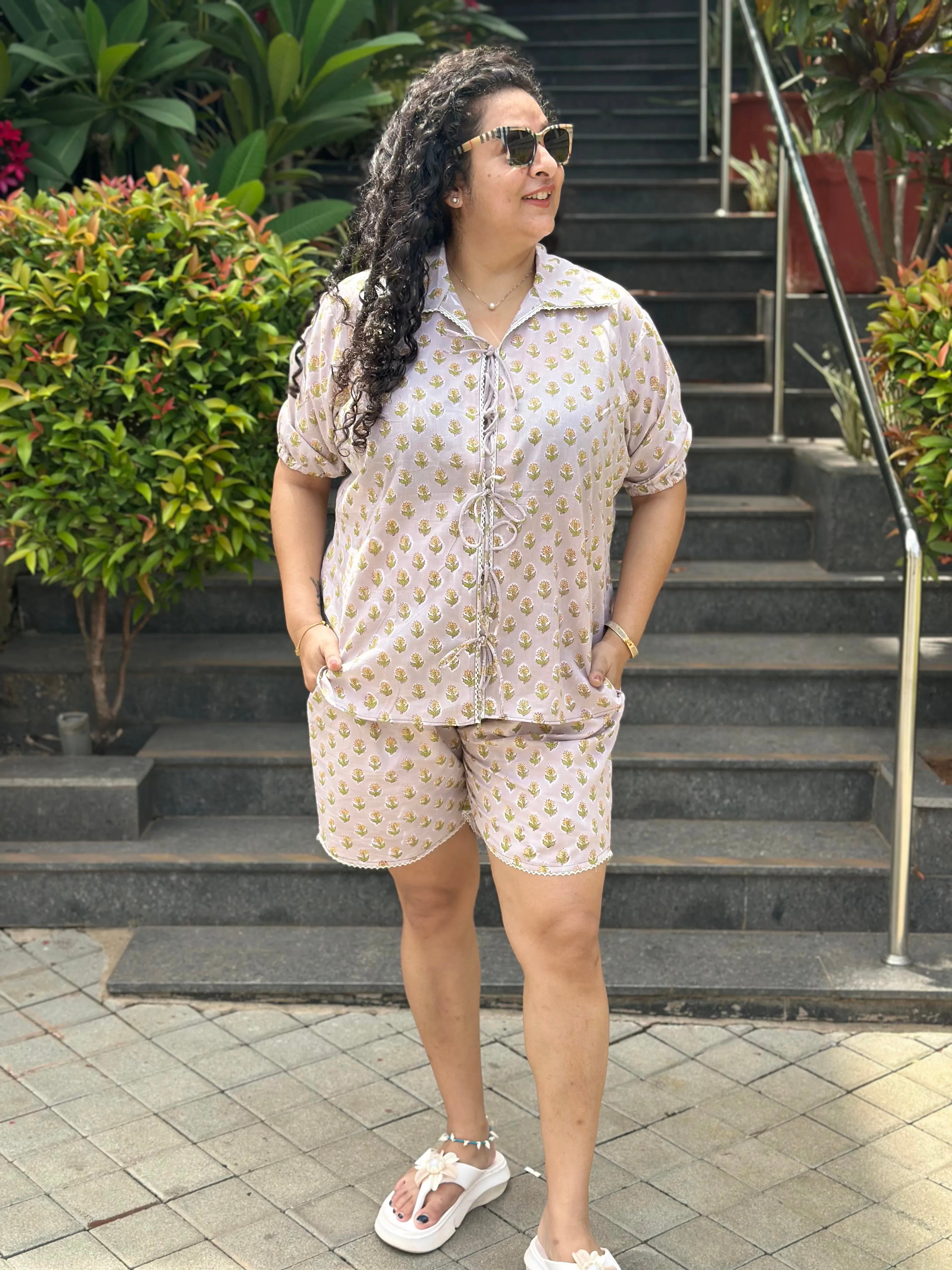 Beige Blossom- Beige Booti Sanganeri Handblock print Cotton Co-ord Set