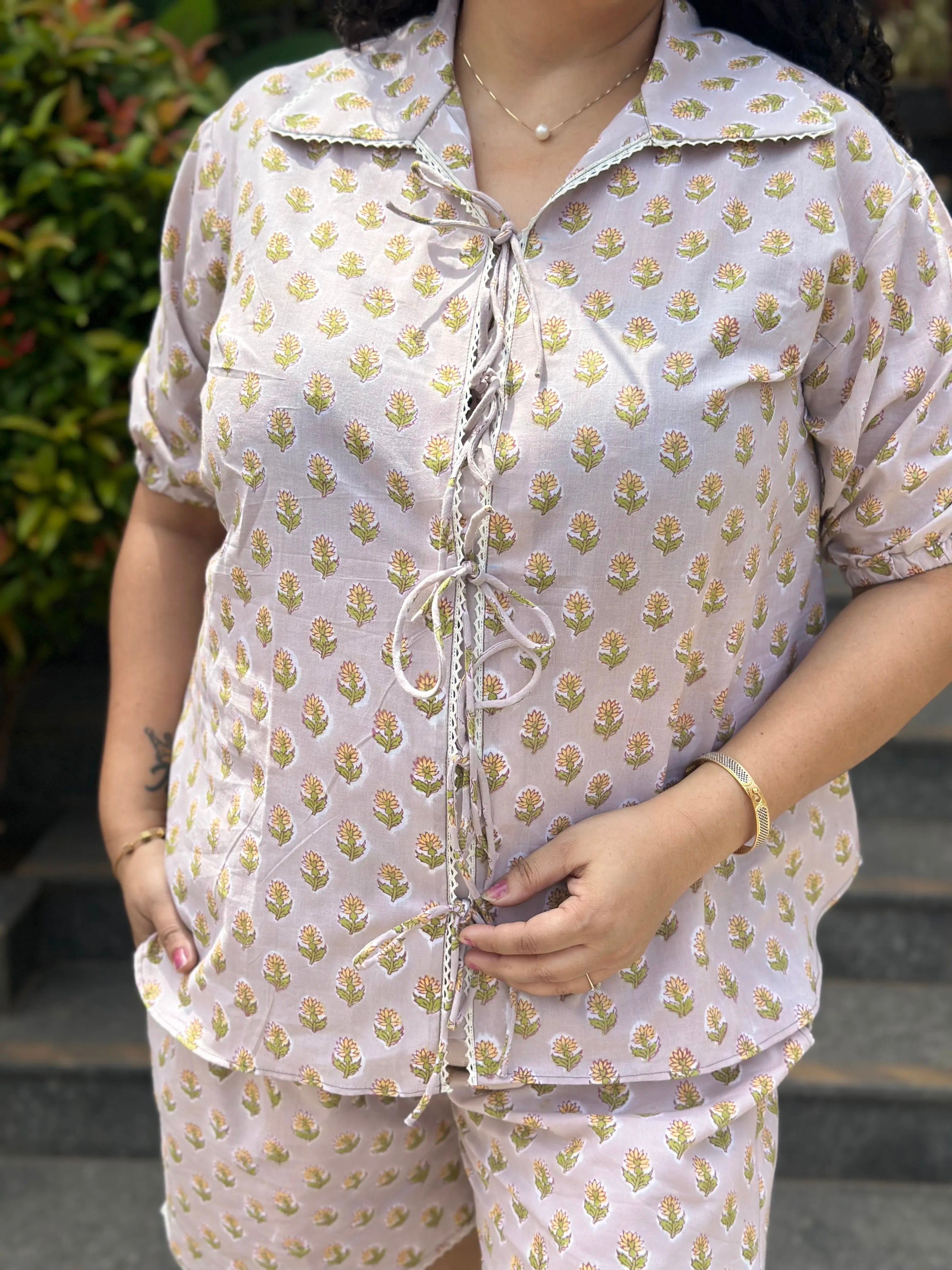 Beige Blossom- Beige Booti Sanganeri Handblock print Cotton Co-ord Set
