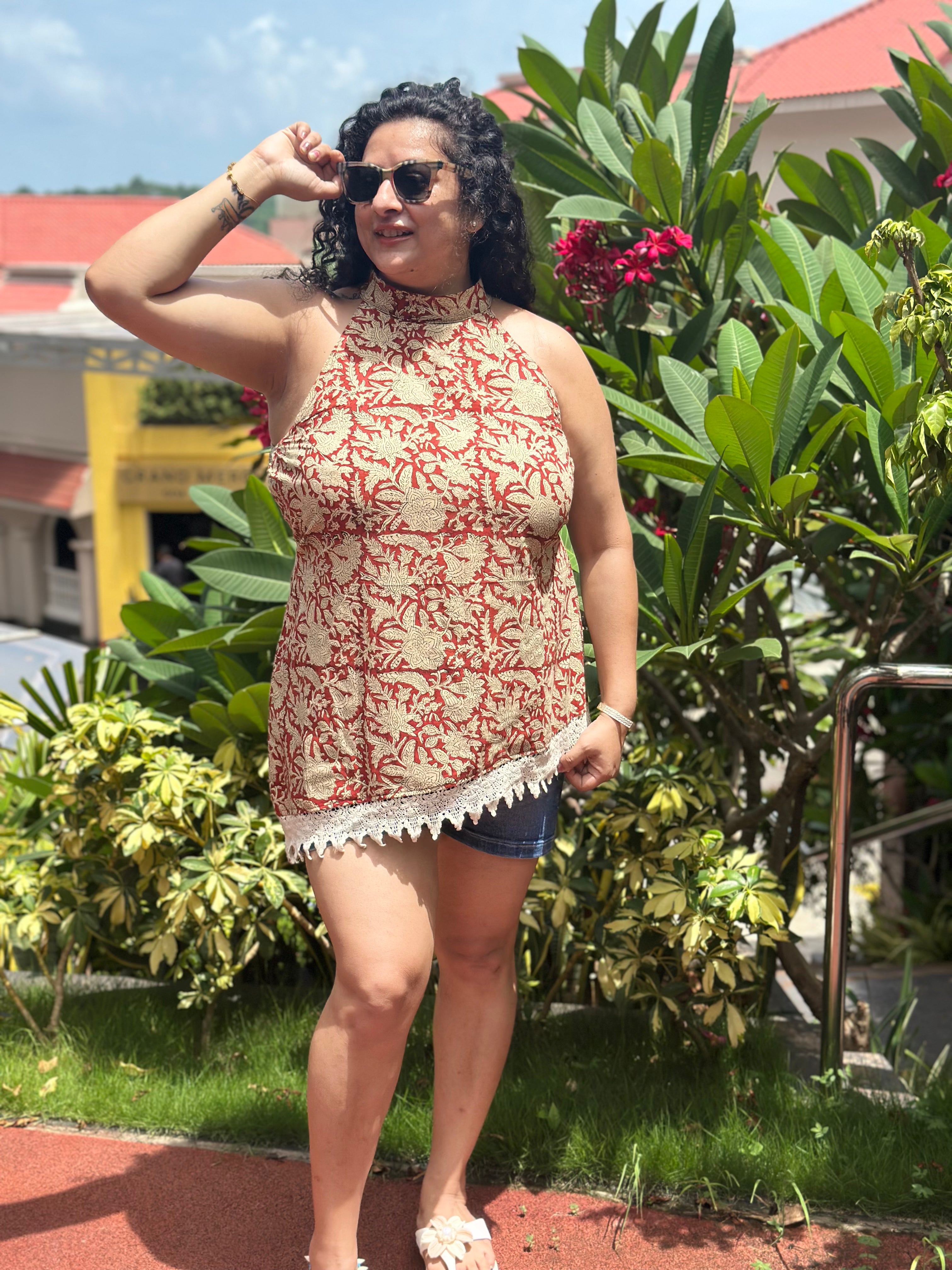 Lace & Loom - Red Bagru Handblock Print Cotton Halter Top