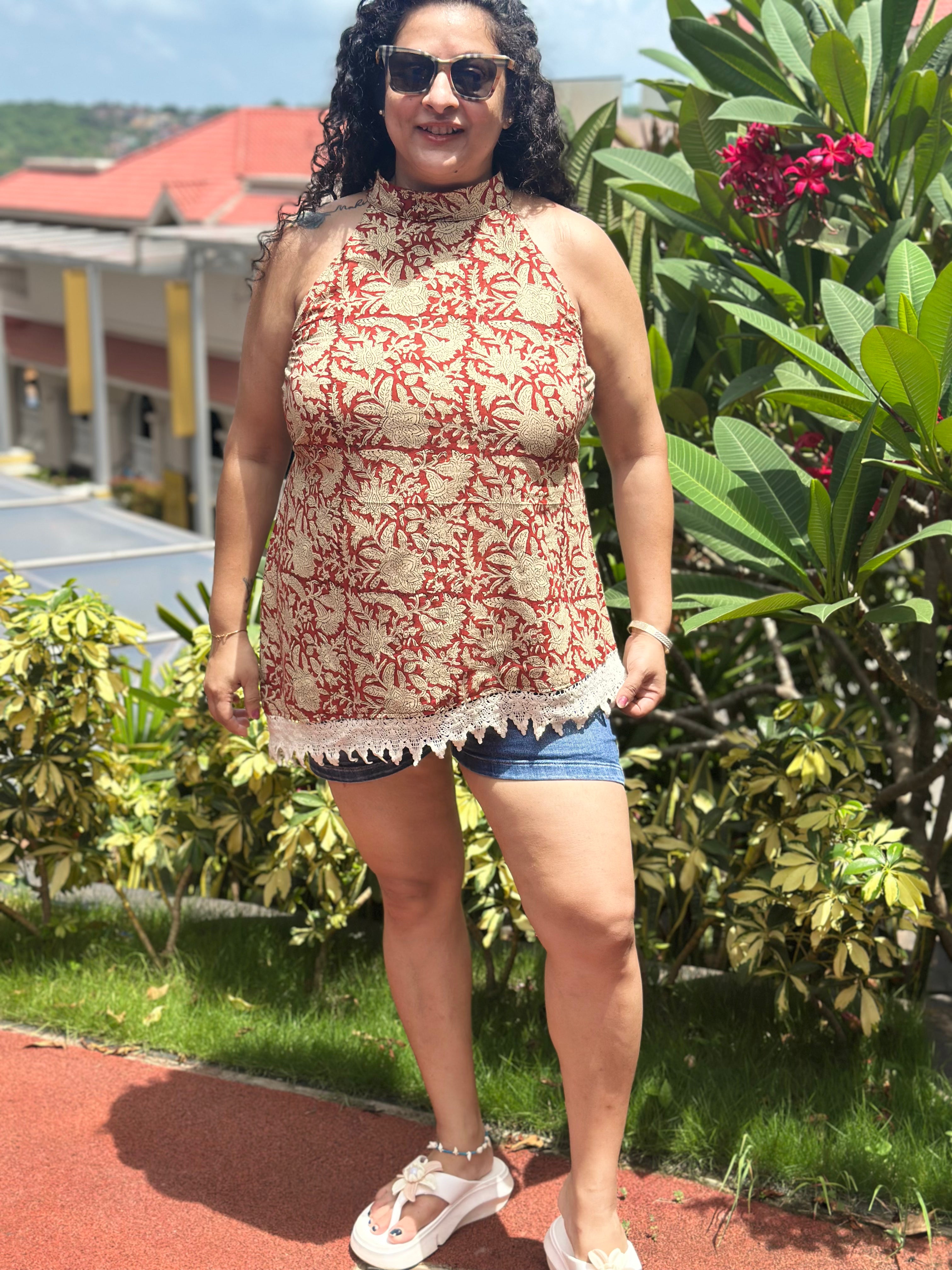 Lace & Loom - Red Bagru Handblock Print Cotton Halter Top