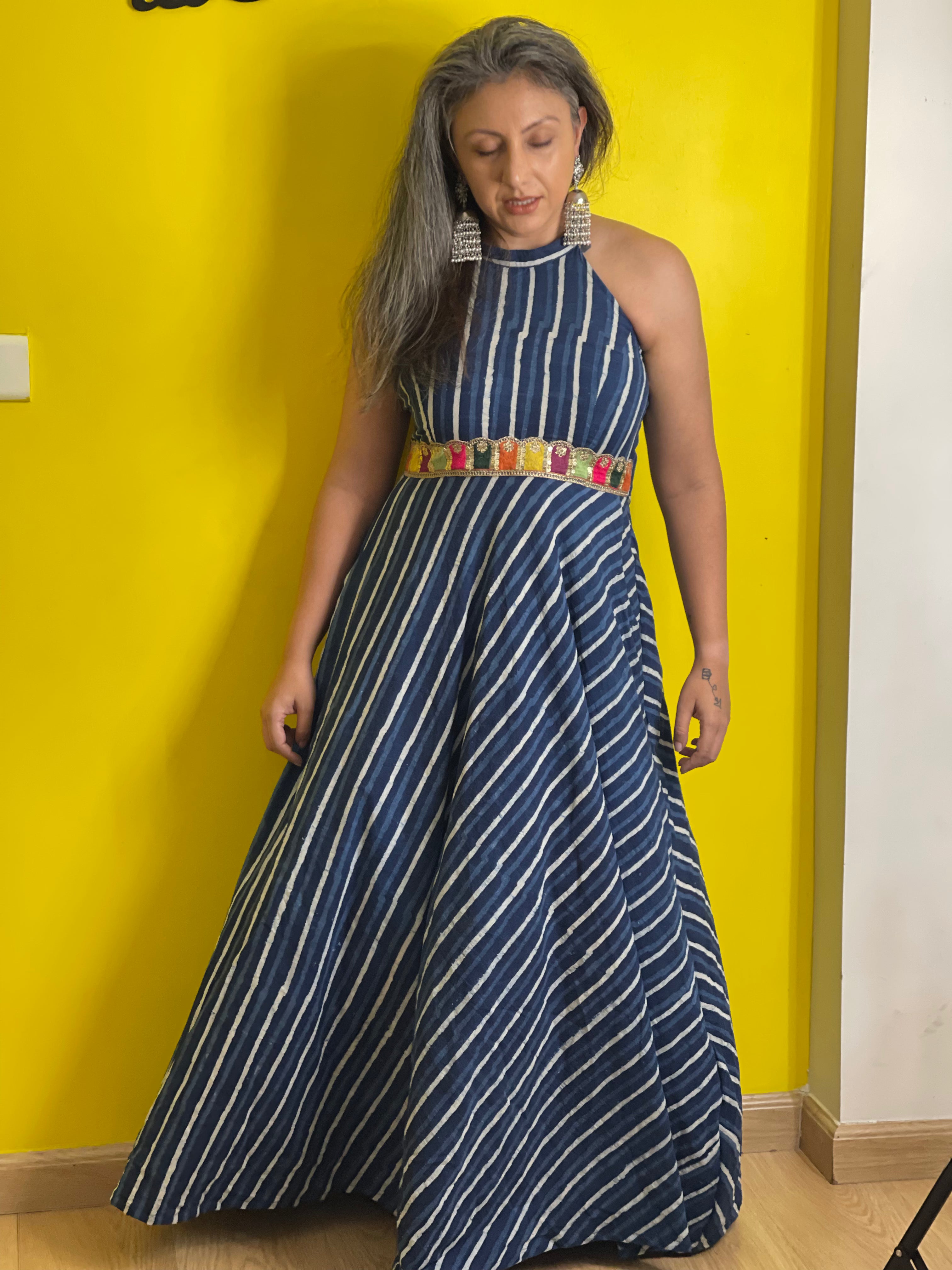 Indigo Dabu Handblock Printed Halter Maxi Cotton Dress