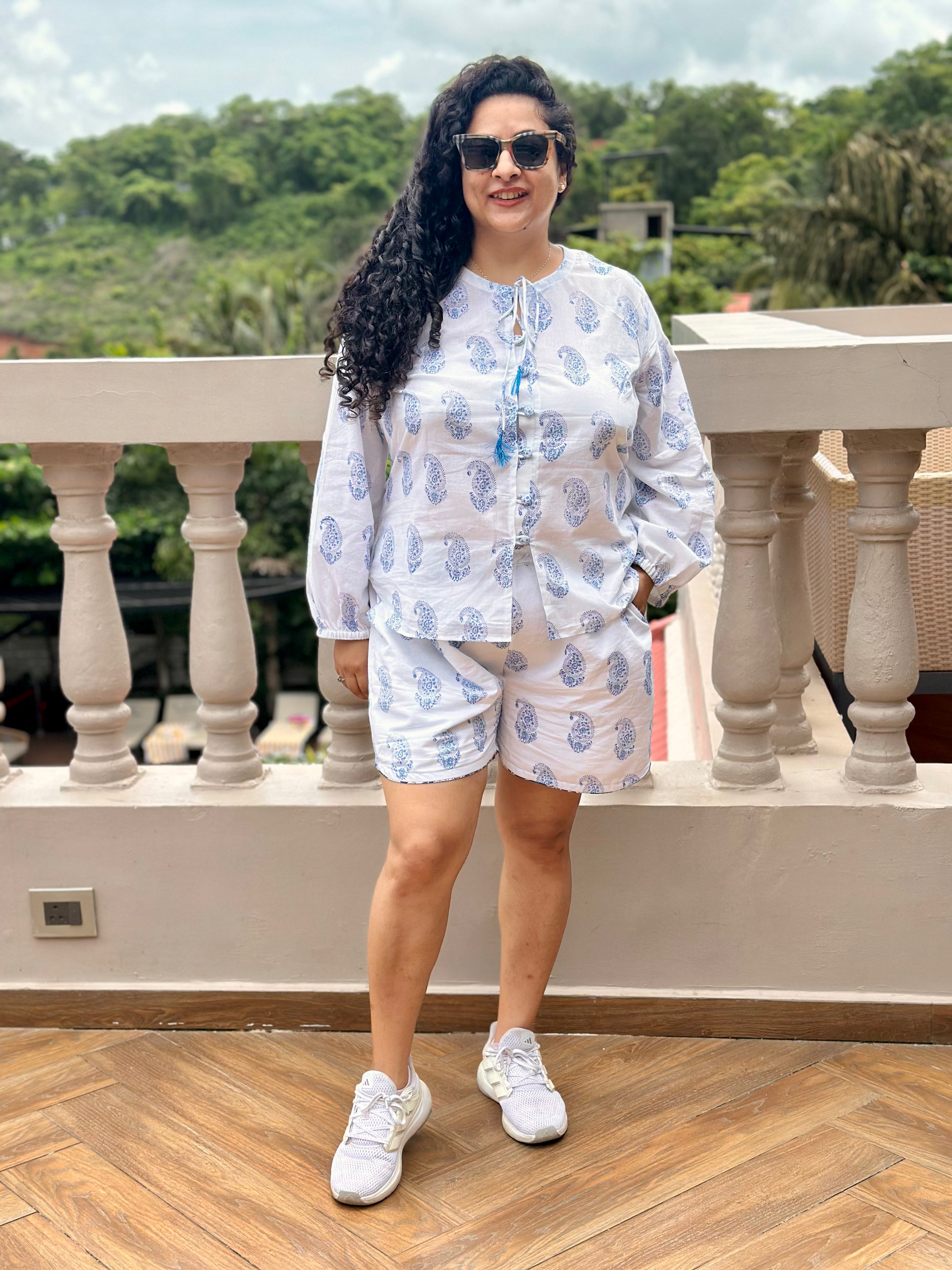 Blue Whisper- Sanganeri Handblock Print Paisley Cotton Co-ord Shorts set