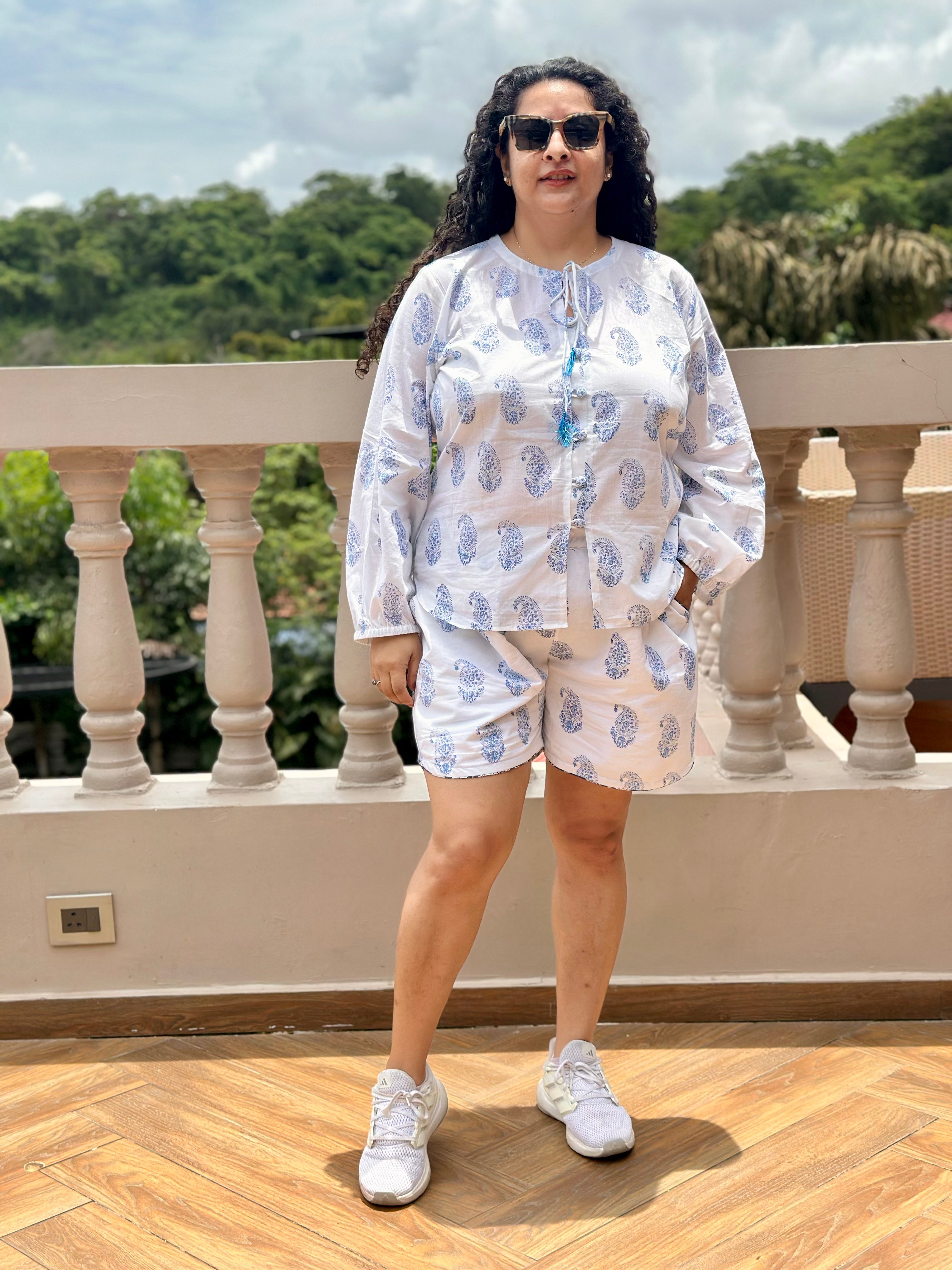 Blue Whisper- Sanganeri Handblock Print Paisley Cotton Co-ord Shorts set