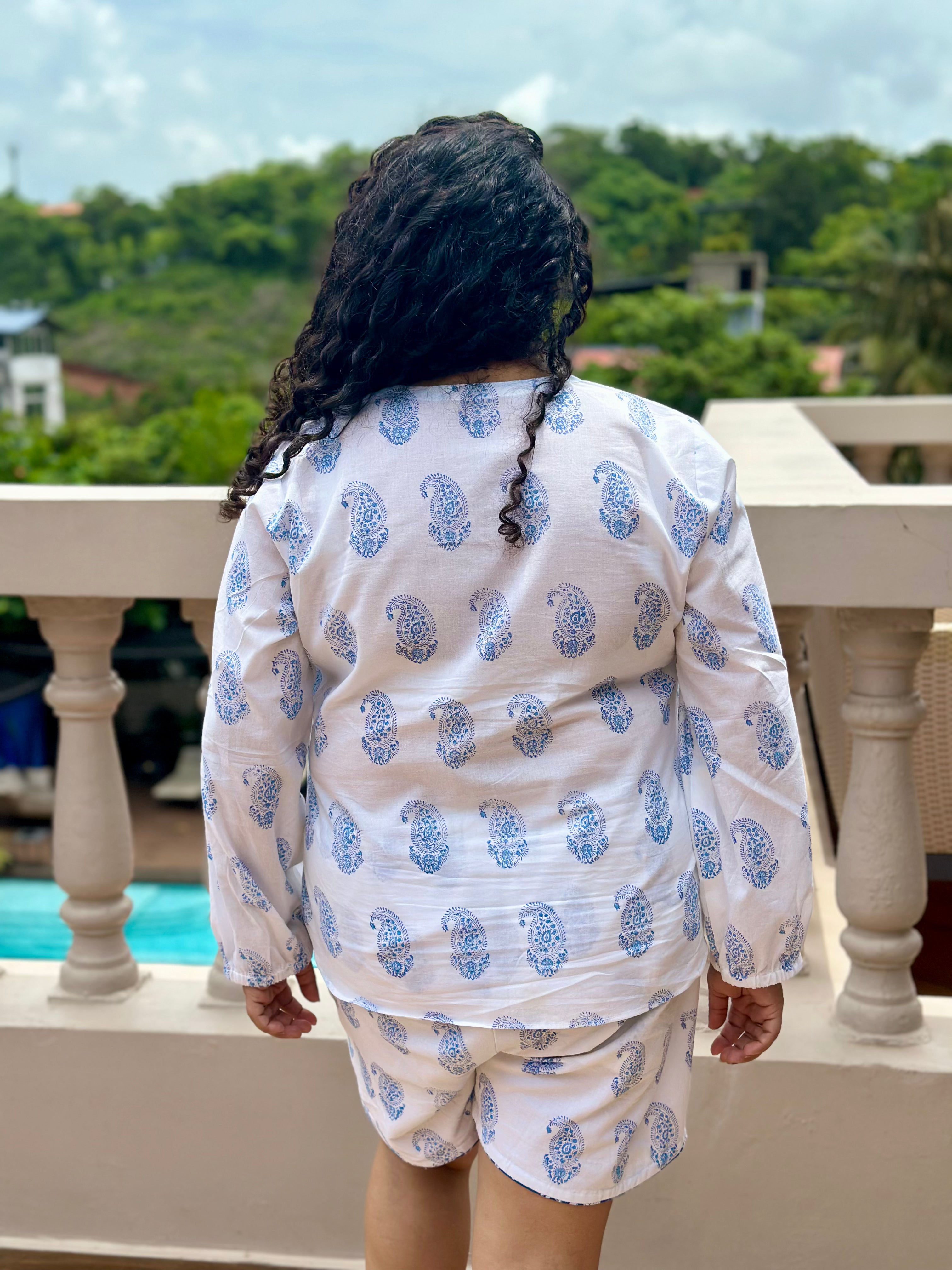 Blue Whisper- Sanganeri Handblock Print Paisley Cotton Co-ord Shorts set