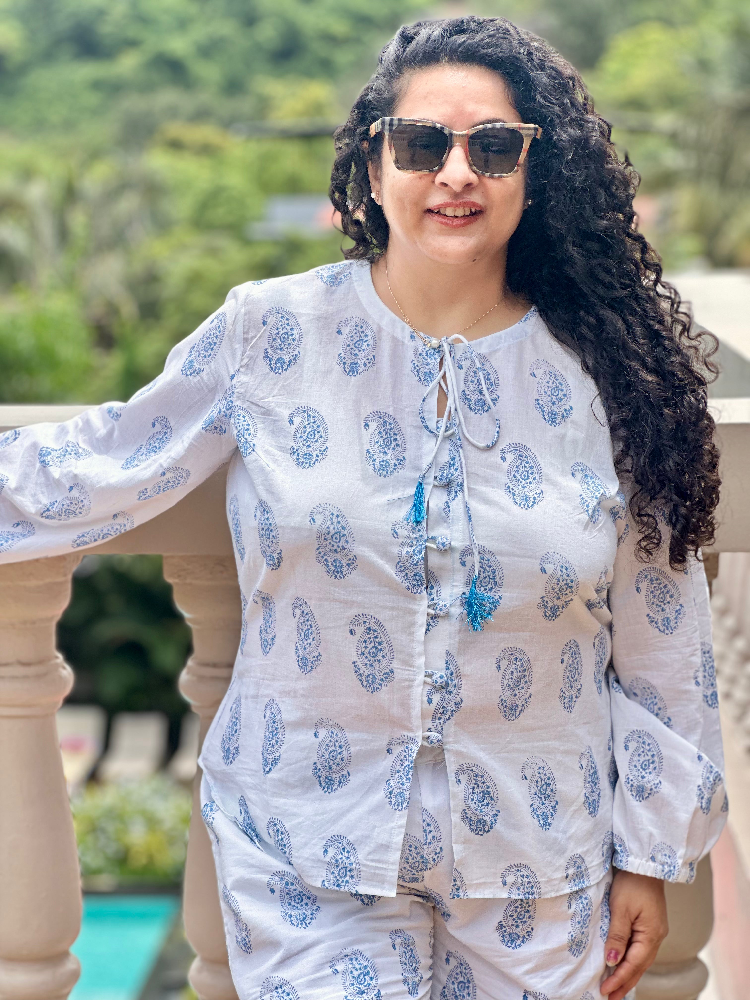 Blue Whisper- Sanganeri Handblock Print Paisley Cotton Co-ord Shorts set