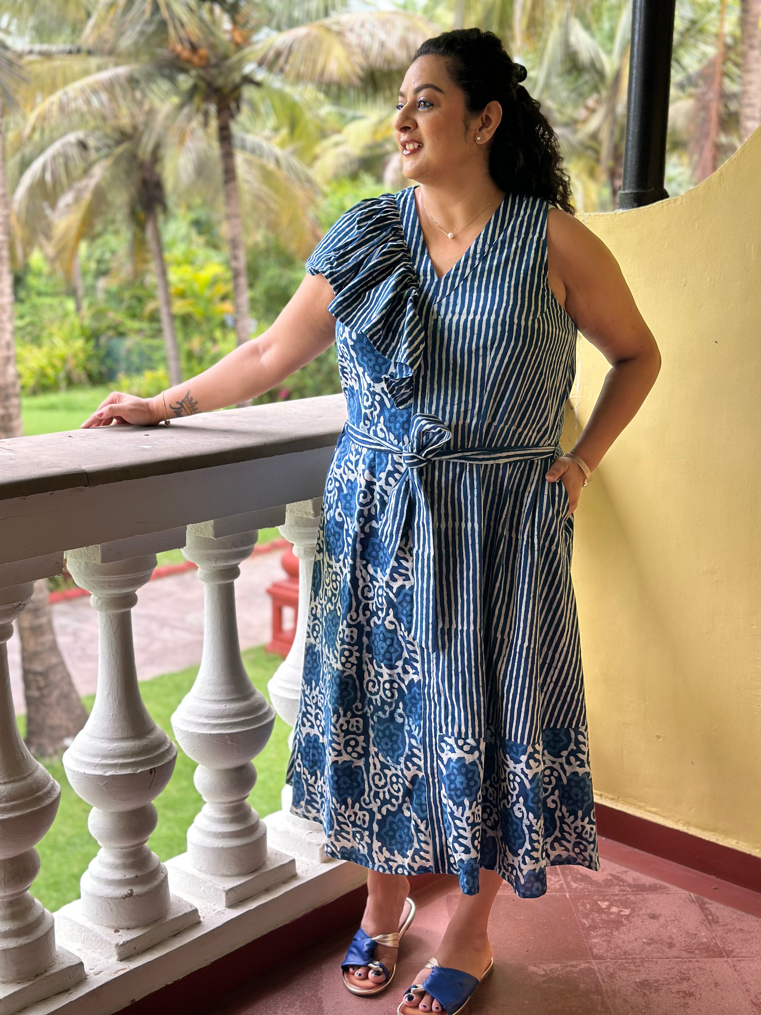 Blue Harmony - Indigo Dabu Handblock Print Cotton MIDI Dress