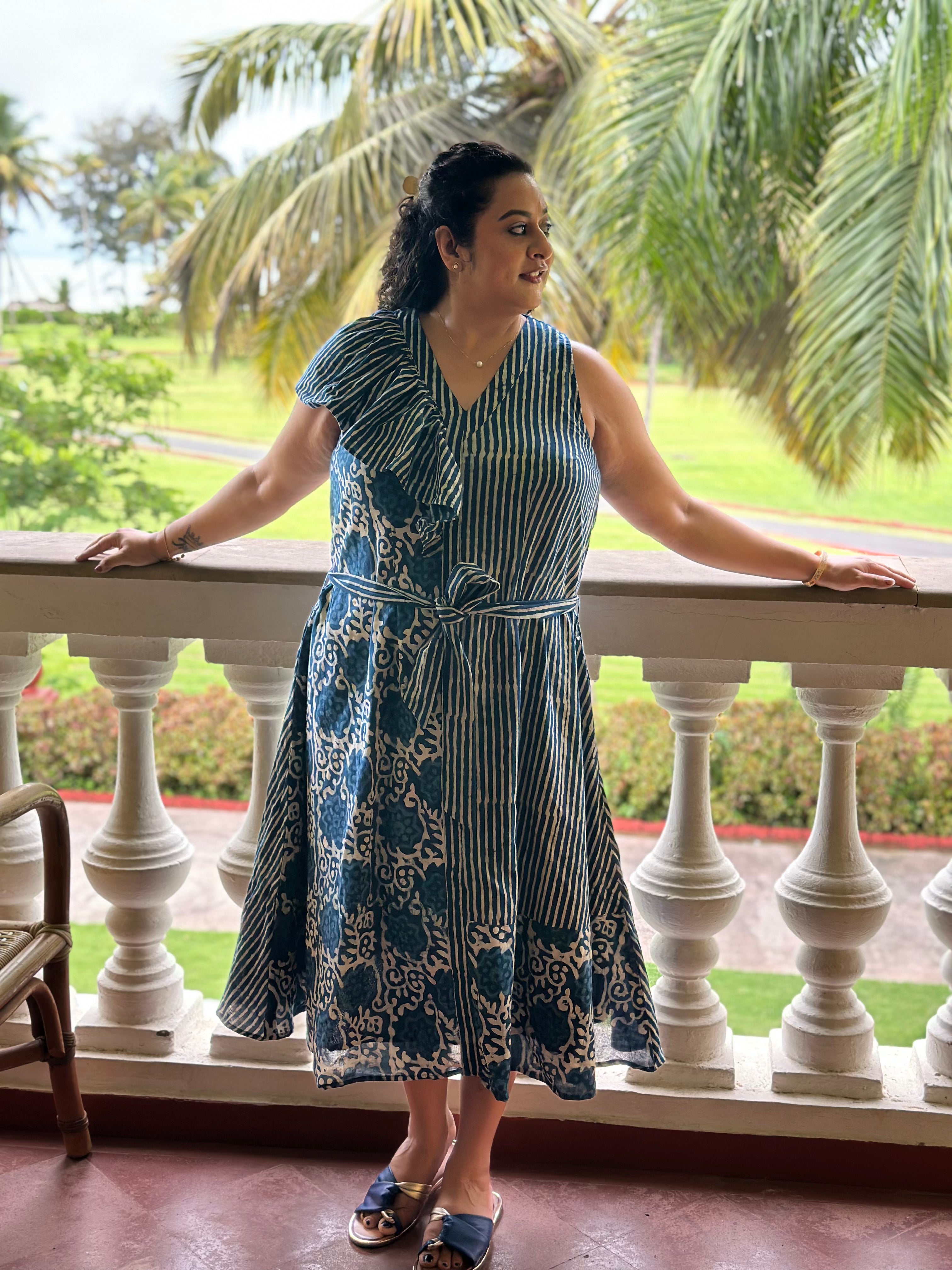 Blue Harmony - Indigo Dabu Handblock Print Cotton MIDI Dress