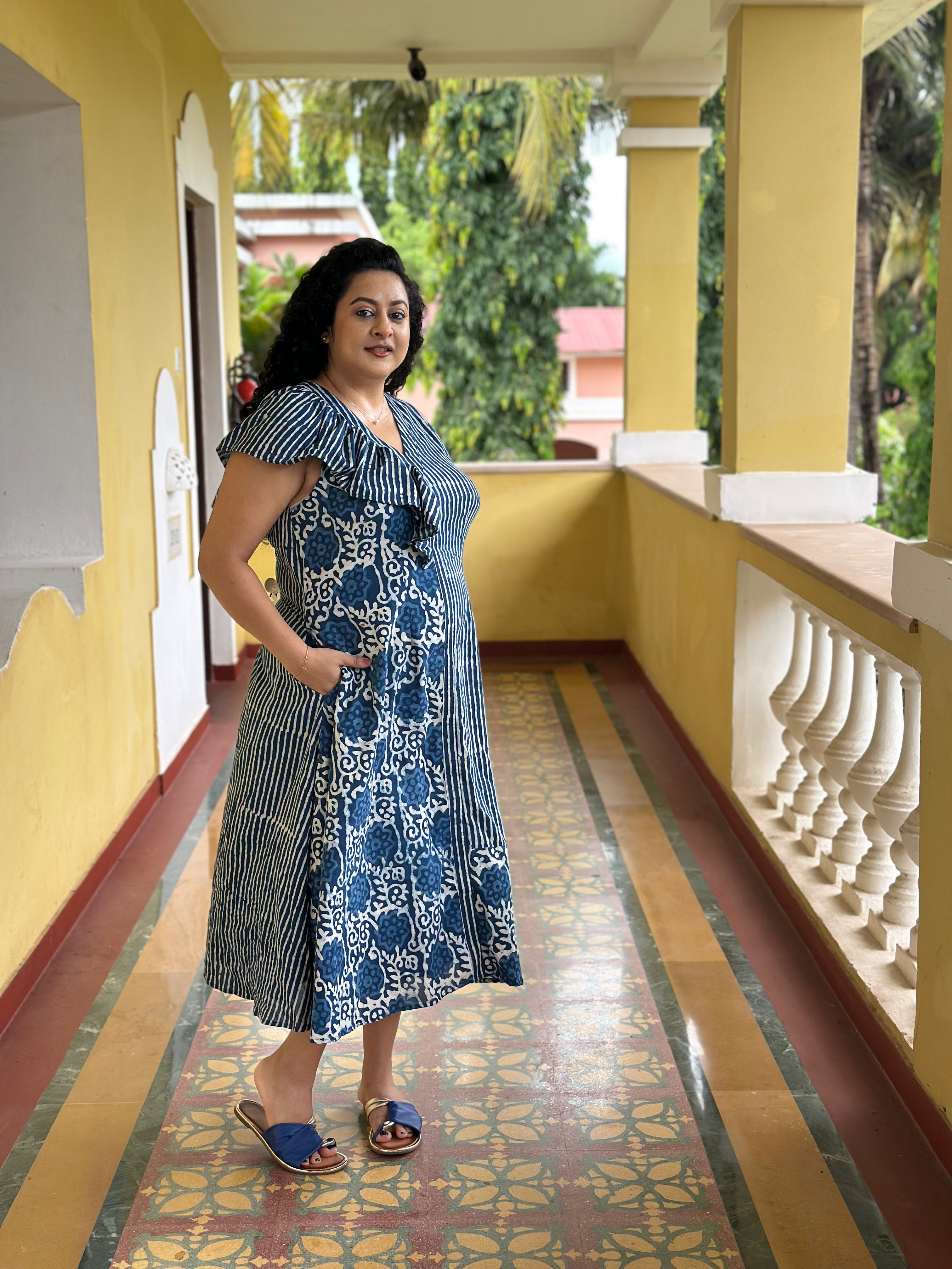 Blue Harmony - Indigo Dabu Handblock Print Cotton MIDI Dress