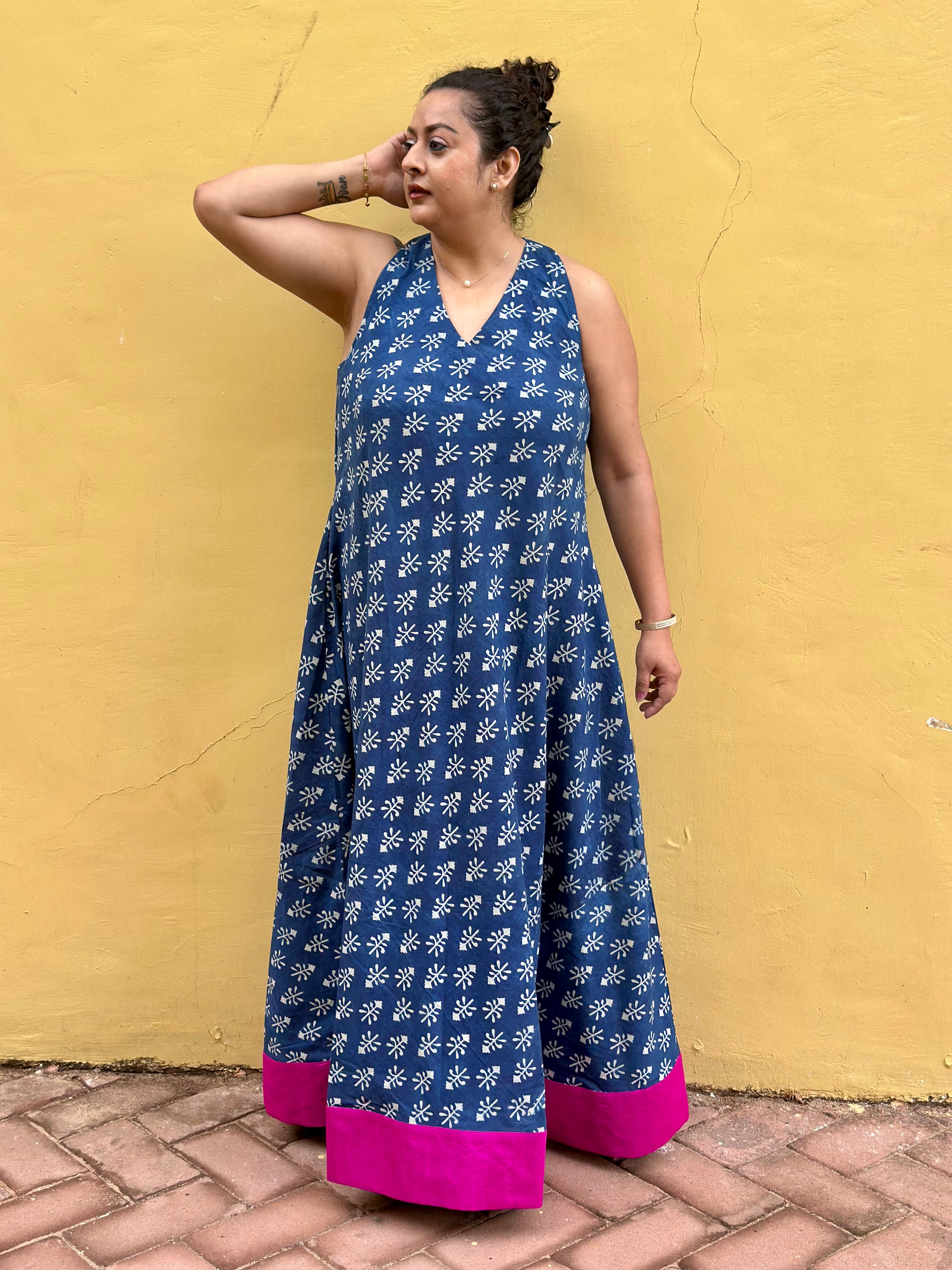 Fuchsia Tide - Indigo Dabu Booti Handblock Print Maxi Dress with Pink Patch