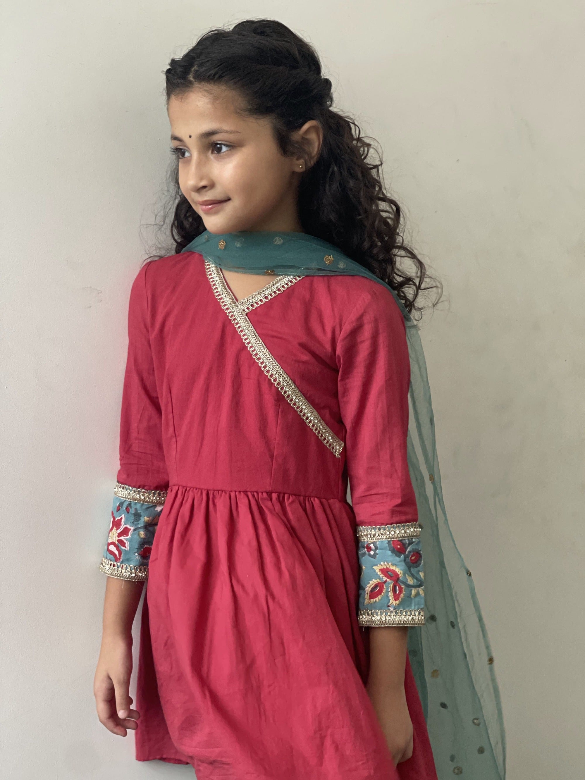 Red Cotton Sharara Set with Green Sanganeri Handblock Print