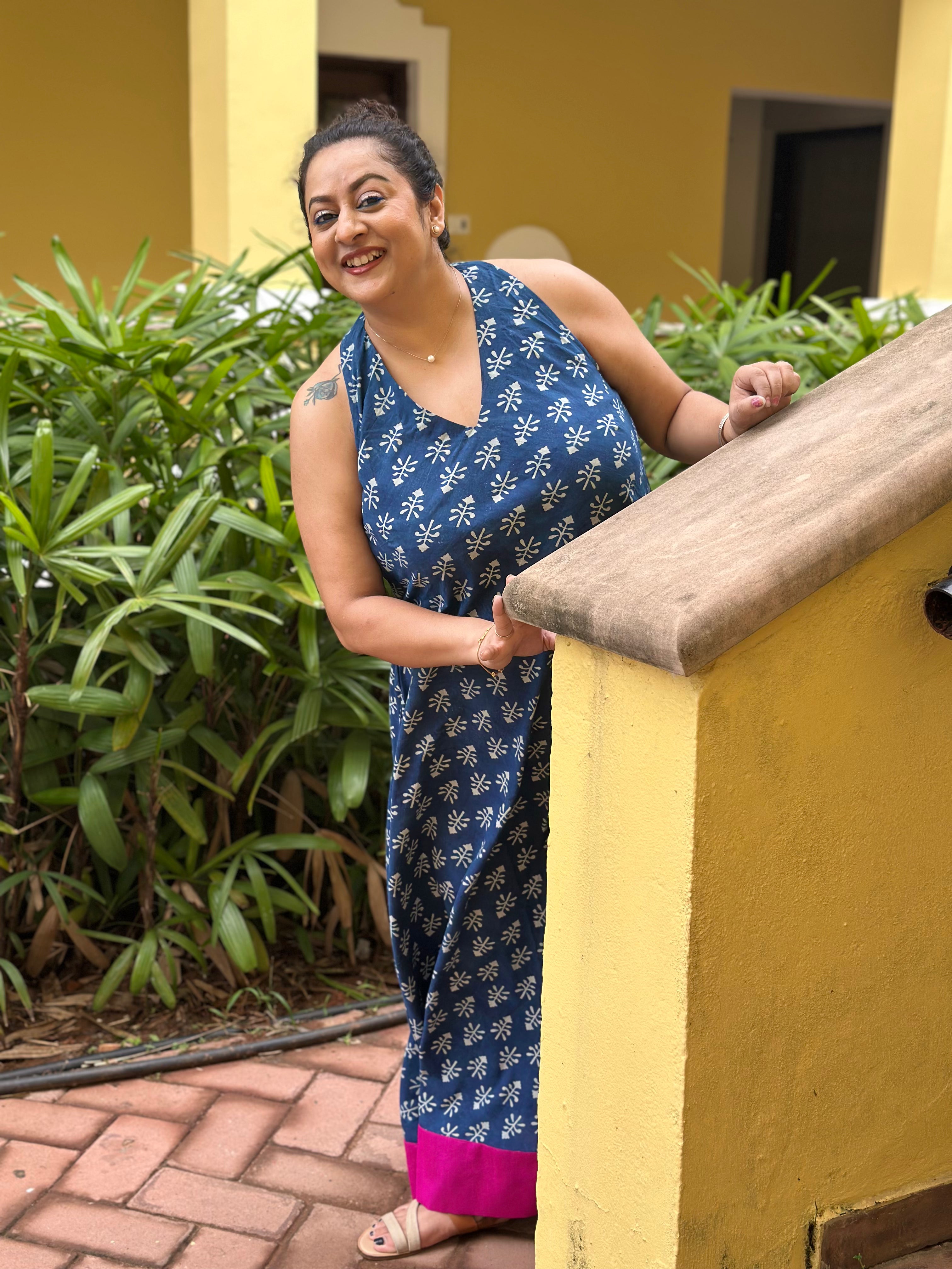 Fuchsia Tide - Indigo Dabu Booti Handblock Print Maxi Dress with Pink Patch