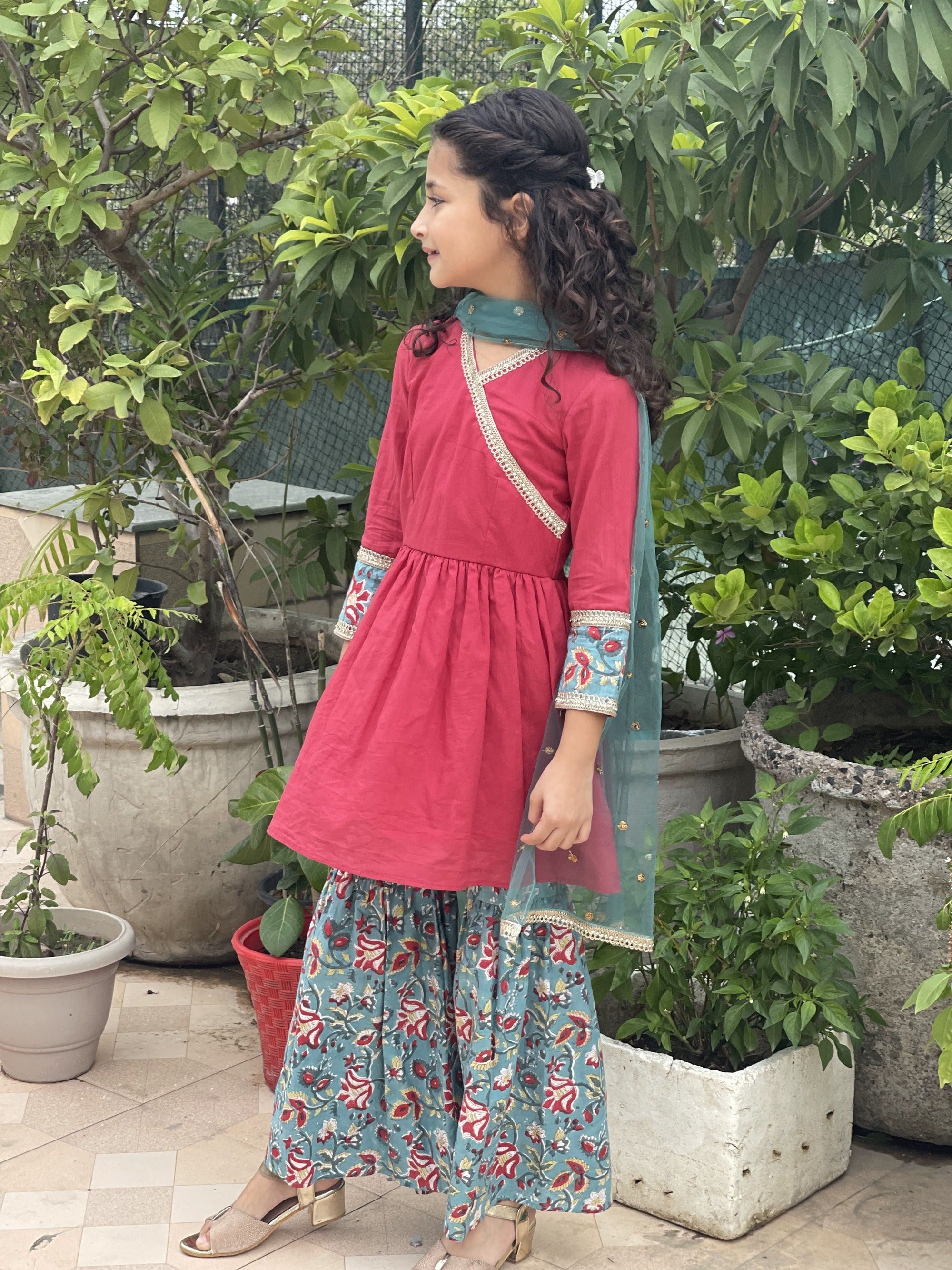 Red Cotton Sharara Set with Green Sanganeri Handblock Print