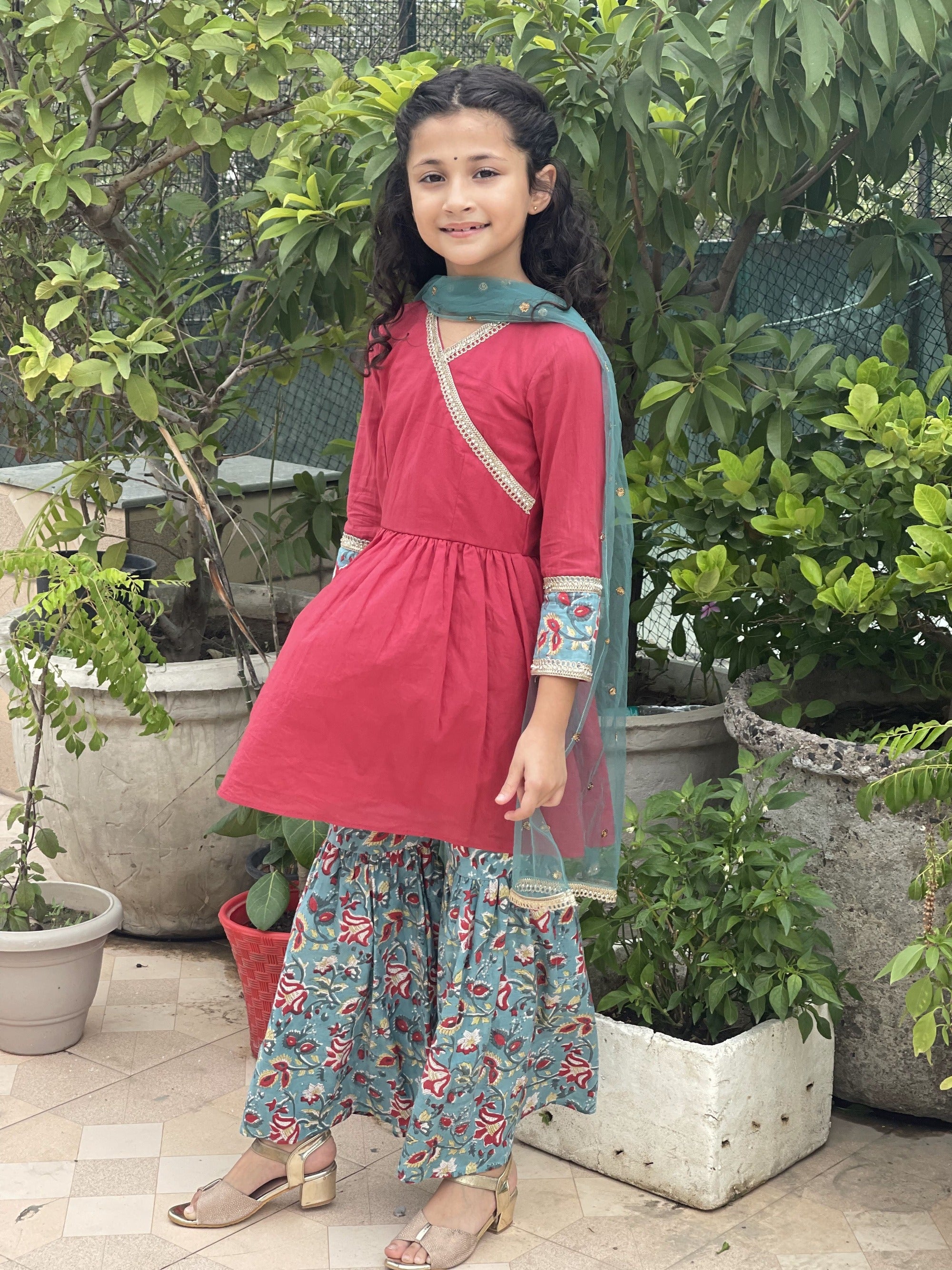 Red Cotton Sharara Set with Green Sanganeri Handblock Print