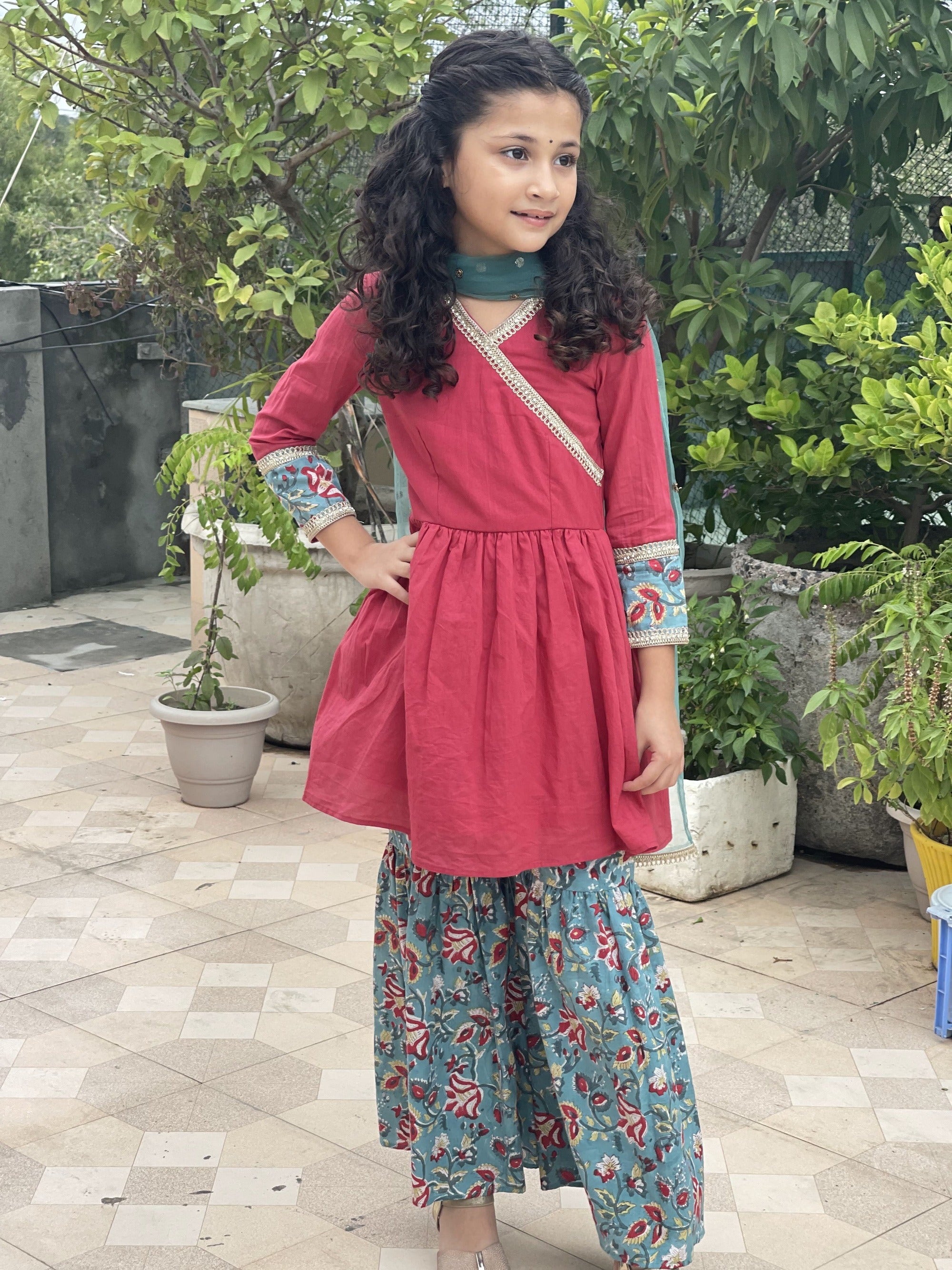 Red Cotton Sharara Set with Green Sanganeri Handblock Print