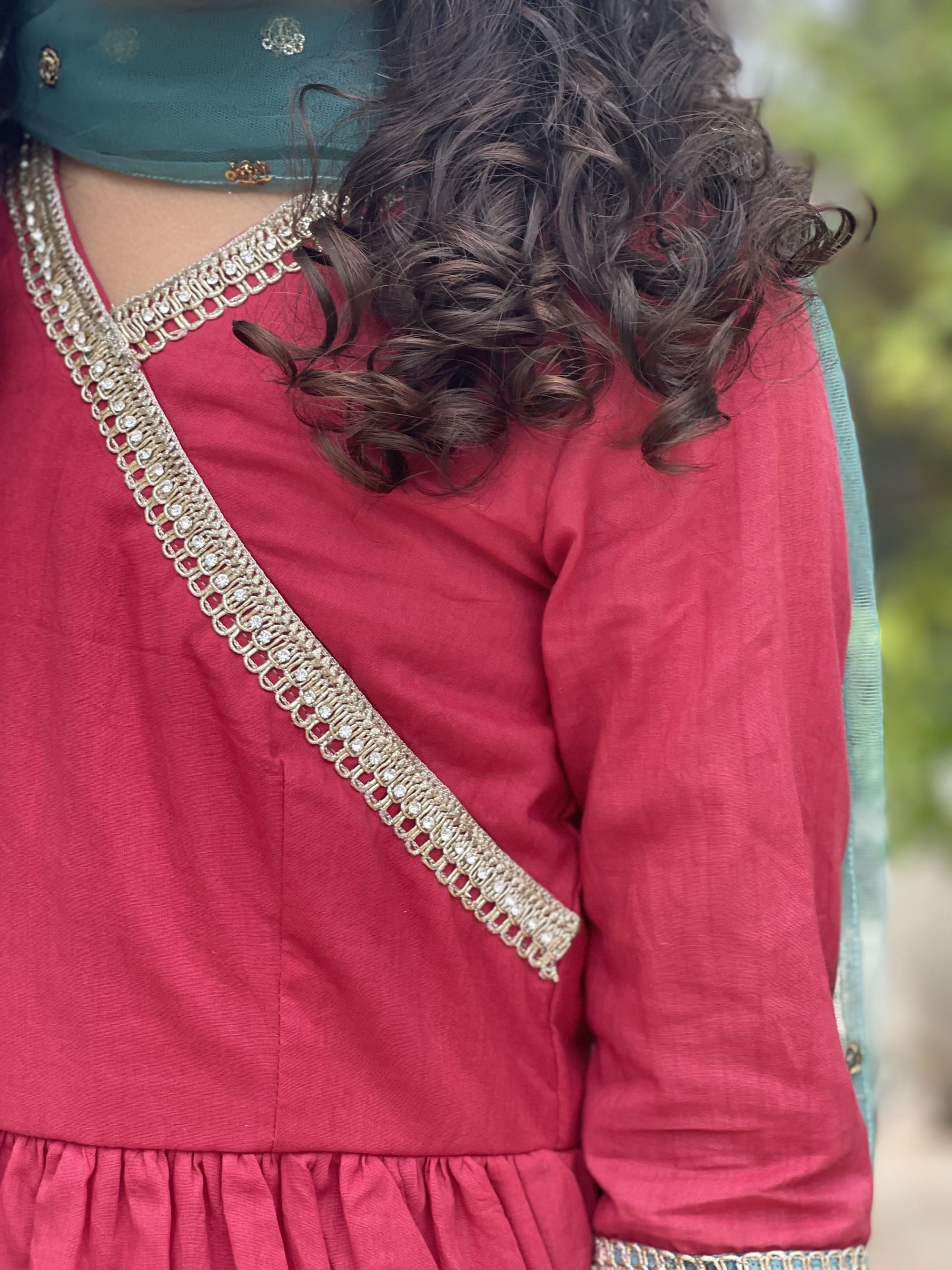 Red Cotton Sharara Set with Green Sanganeri Handblock Print
