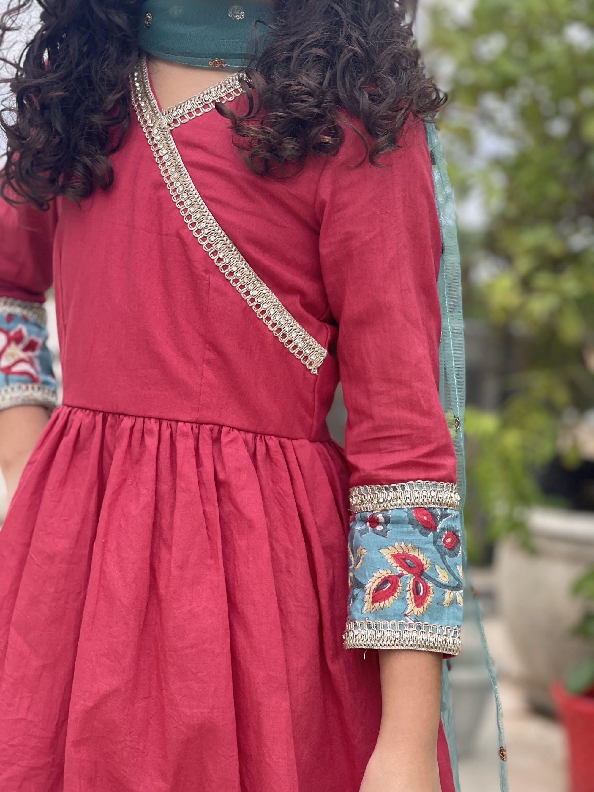 Red Cotton Sharara Set with Green Sanganeri Handblock Print